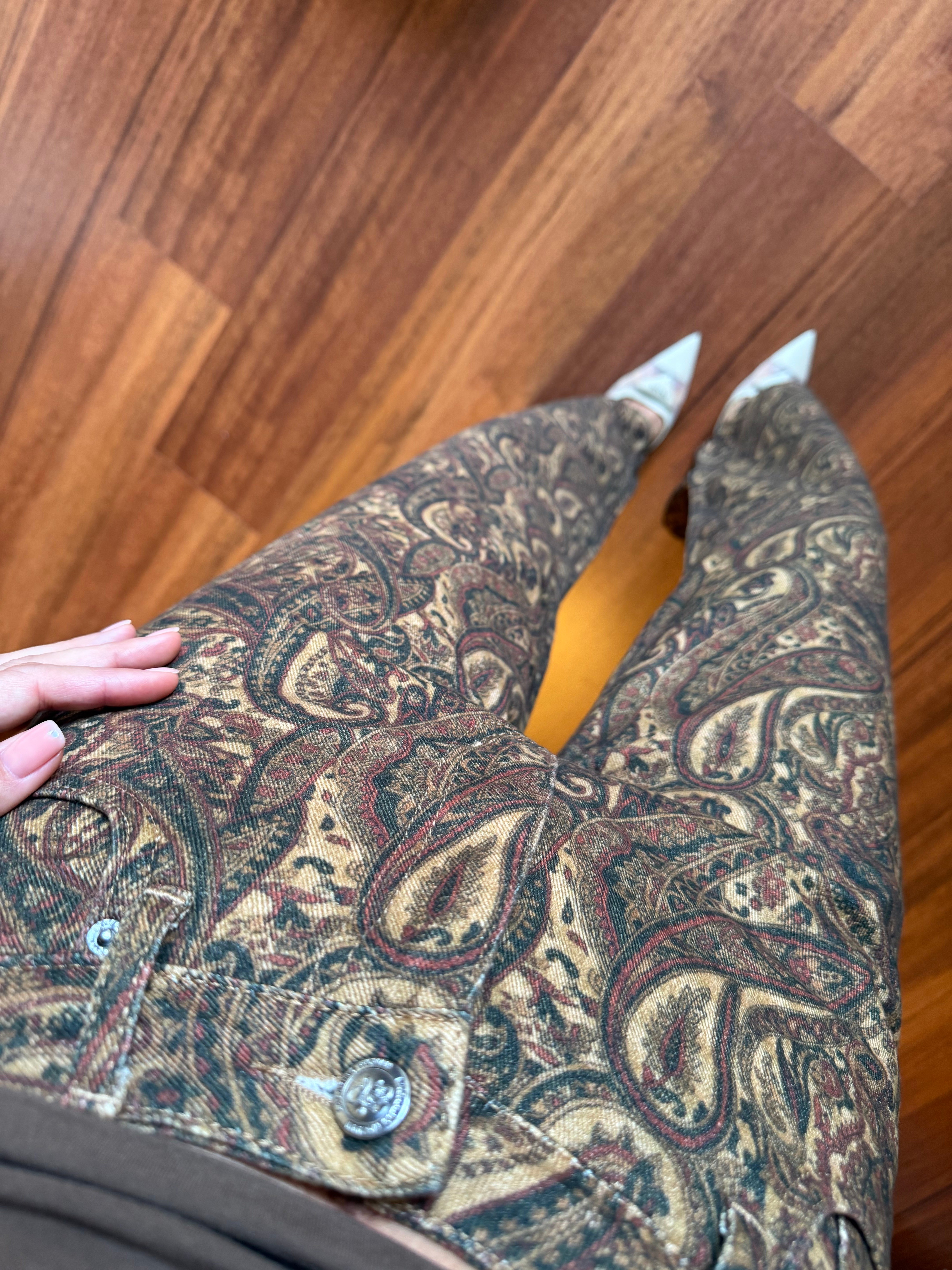 Kahve Şal Desen Wide Leg Jean Pantolon