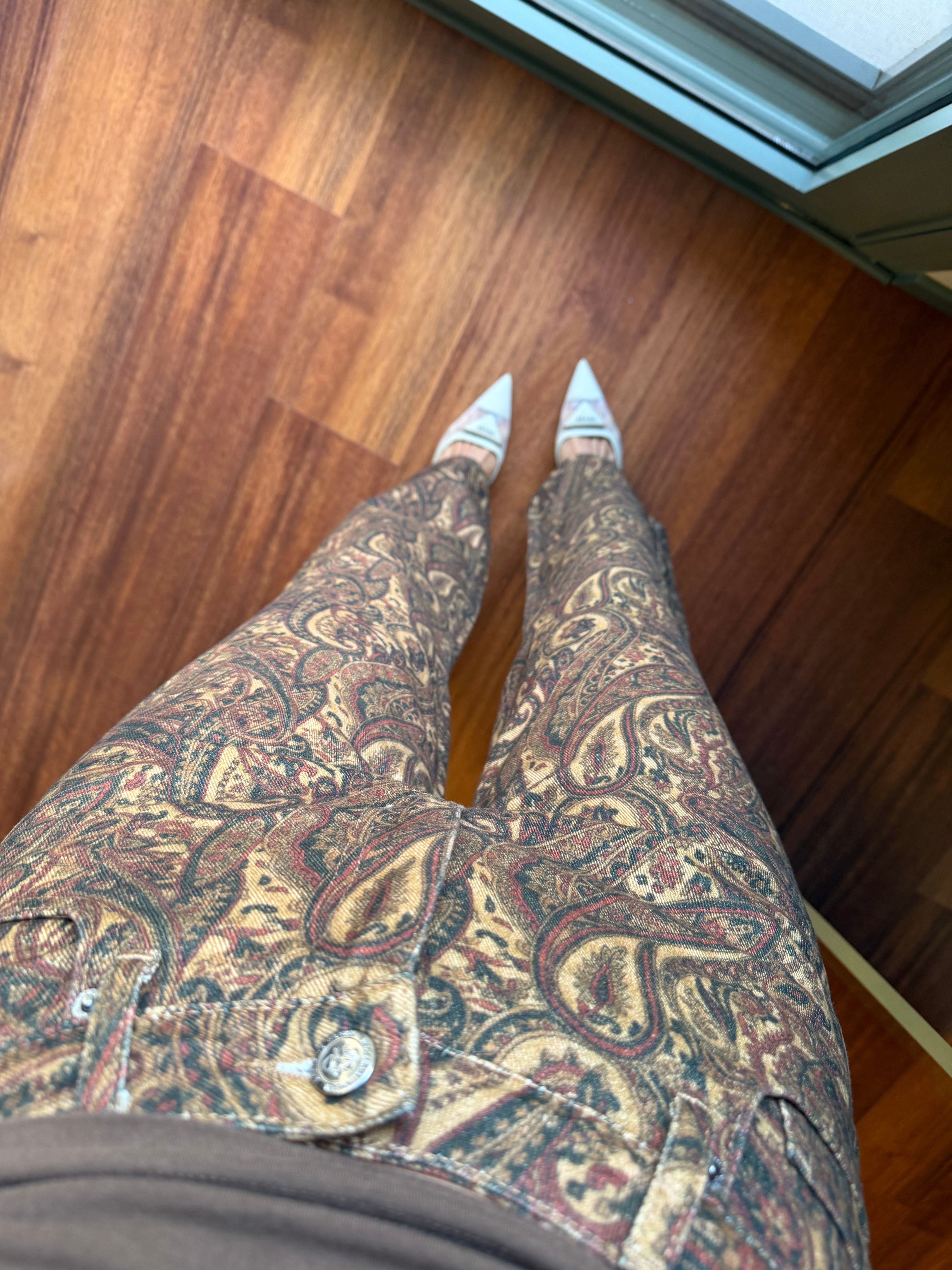 Kahve Şal Desen Wide Leg Jean Pantolon