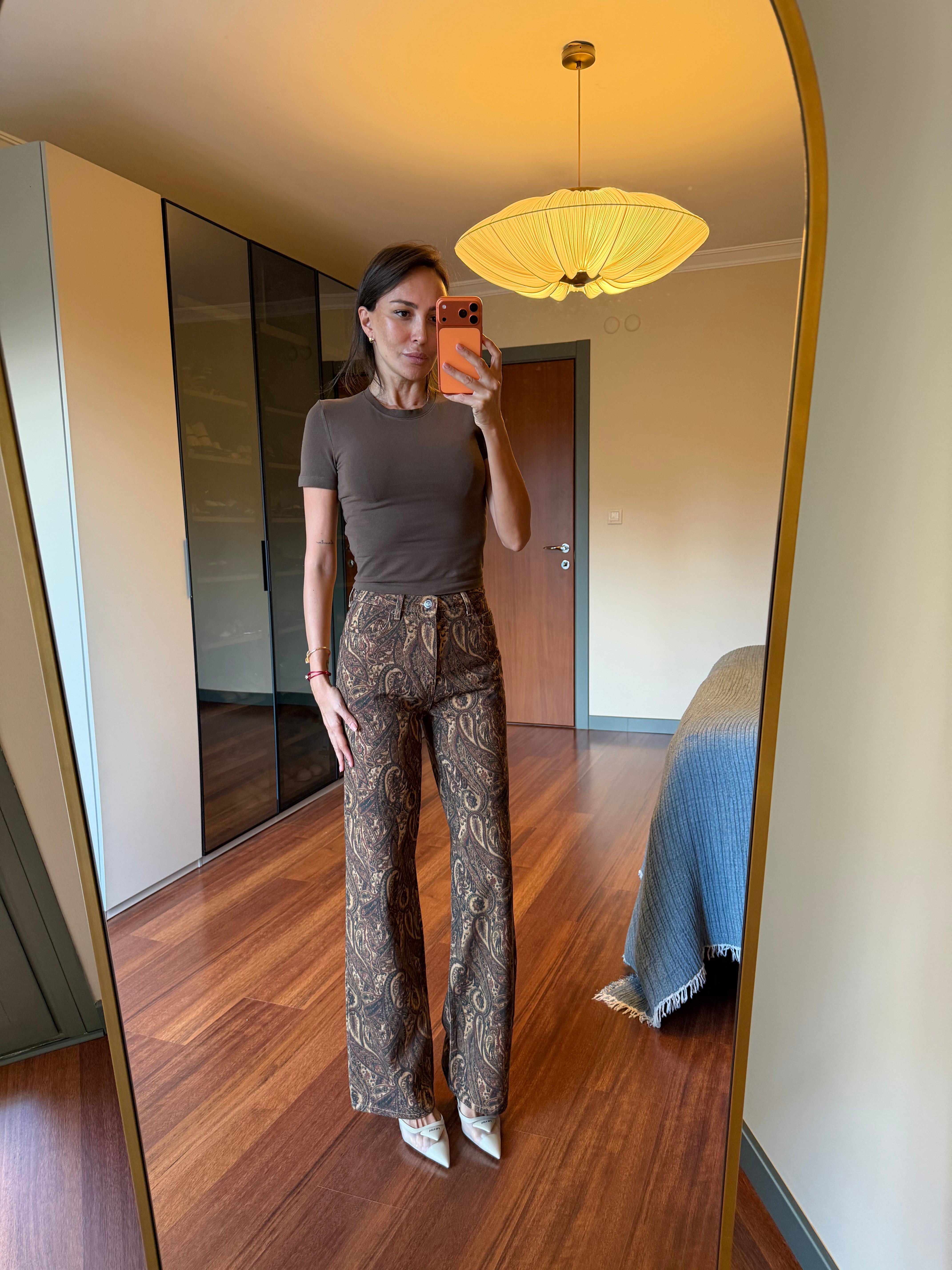 Kahve Şal Desen Wide Leg Jean Pantolon