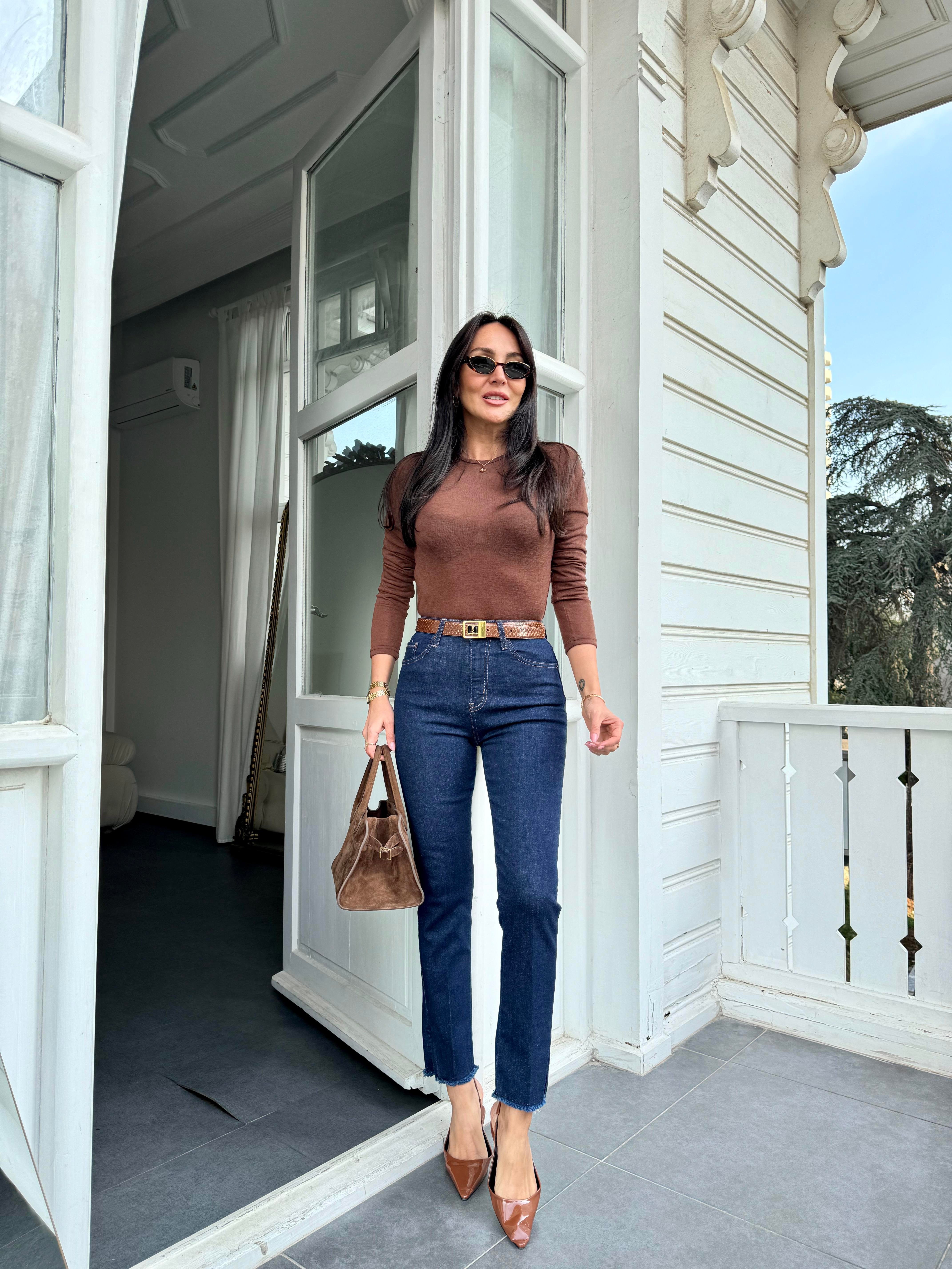 Kahve Sıfır Yaka Merserize Triko