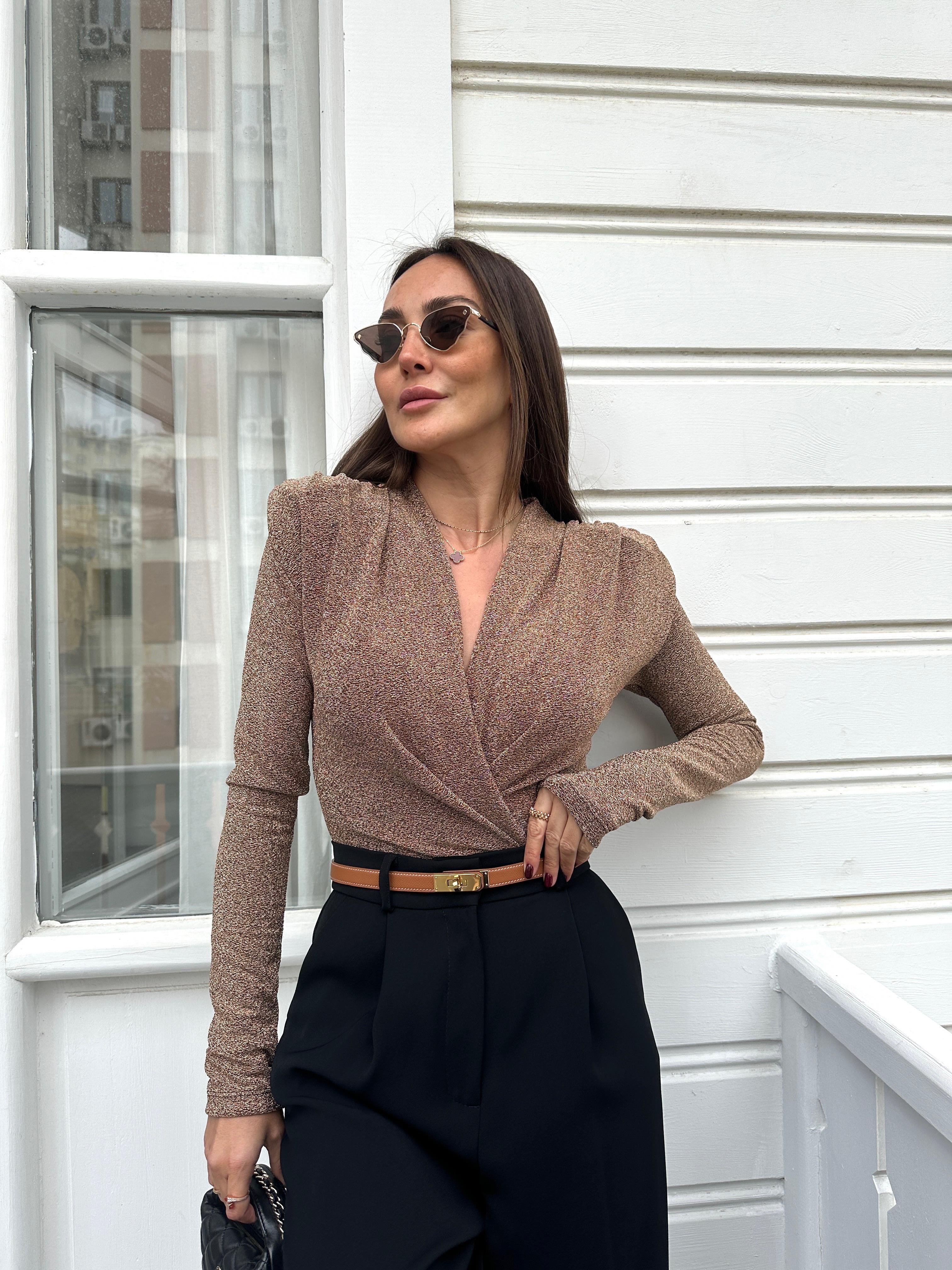 Kahve Simli Vatkalı Bodysuit