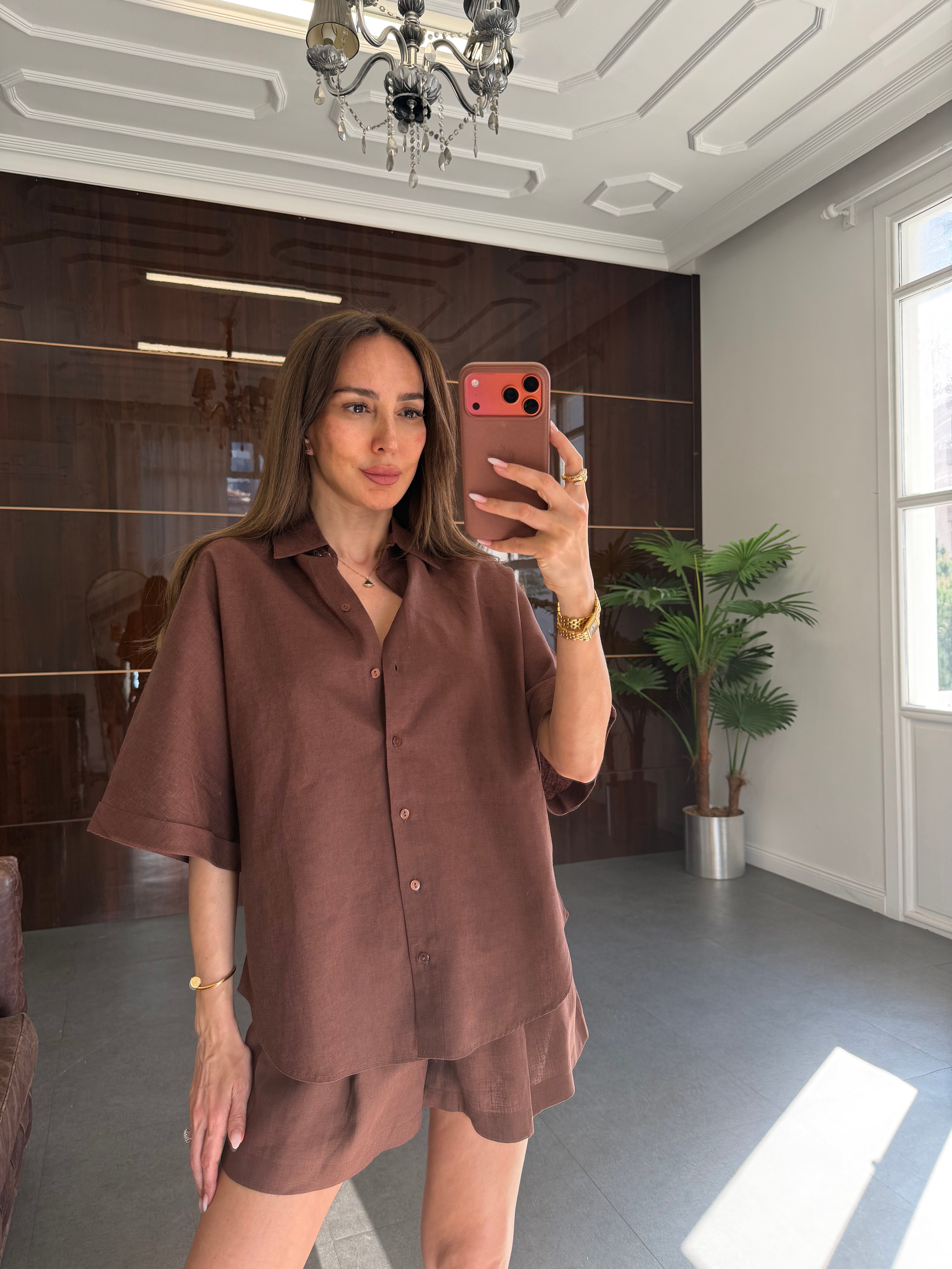 Kahve Sleeve Şortlu Takım