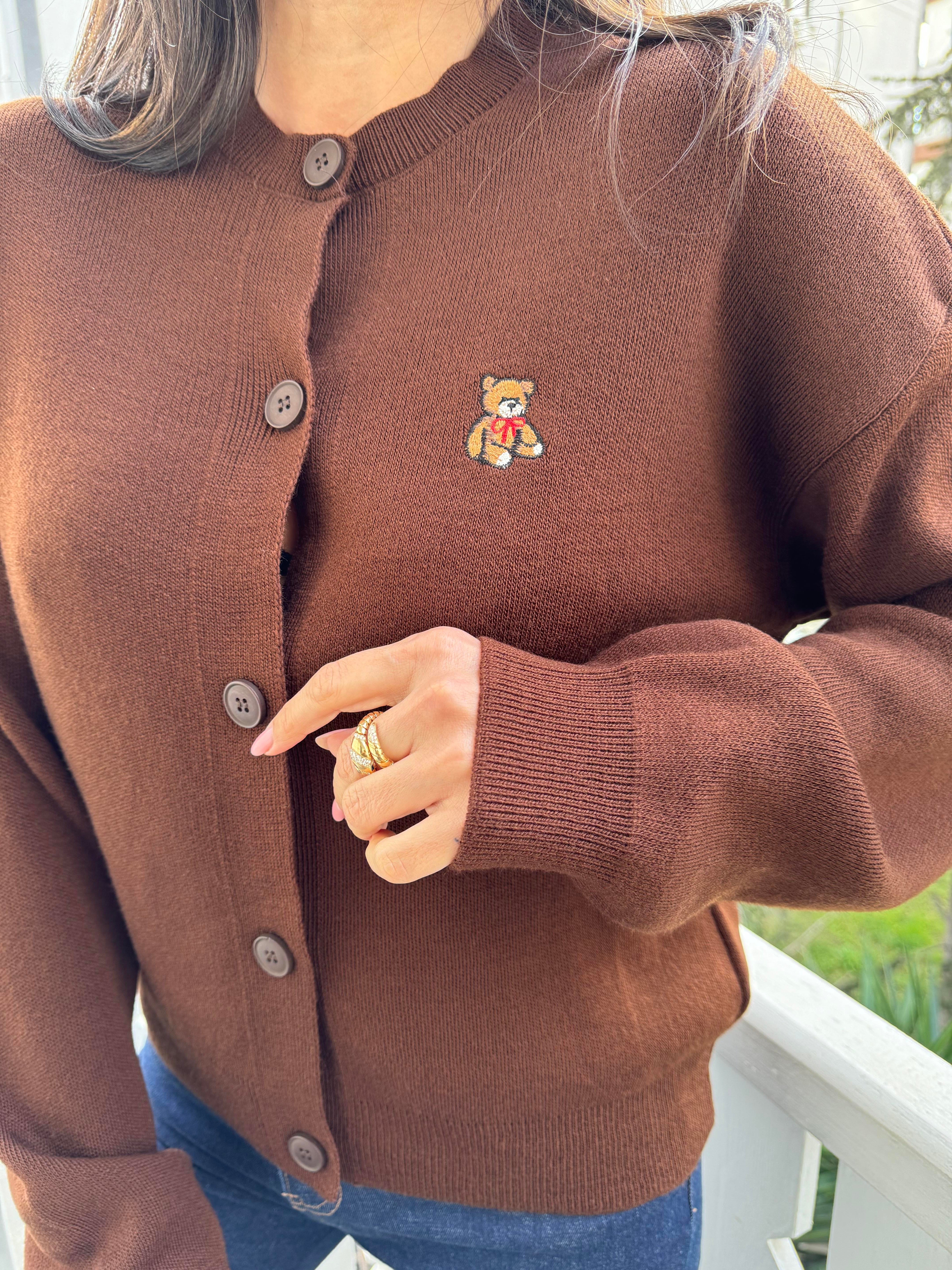 Kahve Tedy Nakışlı Bisiklet Yaka Hırka