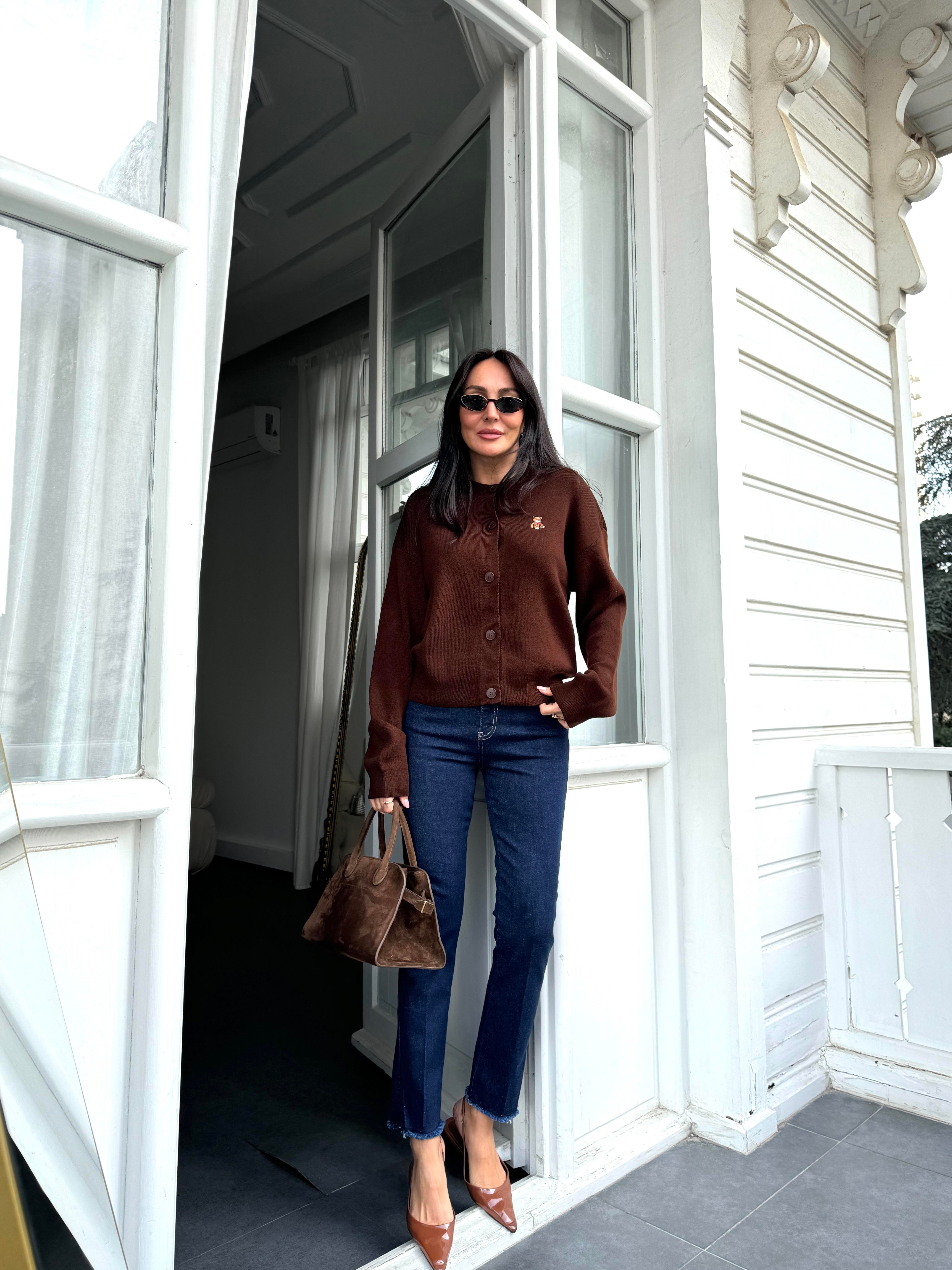 Kahve Tedy Nakışlı Bisiklet Yaka Hırka