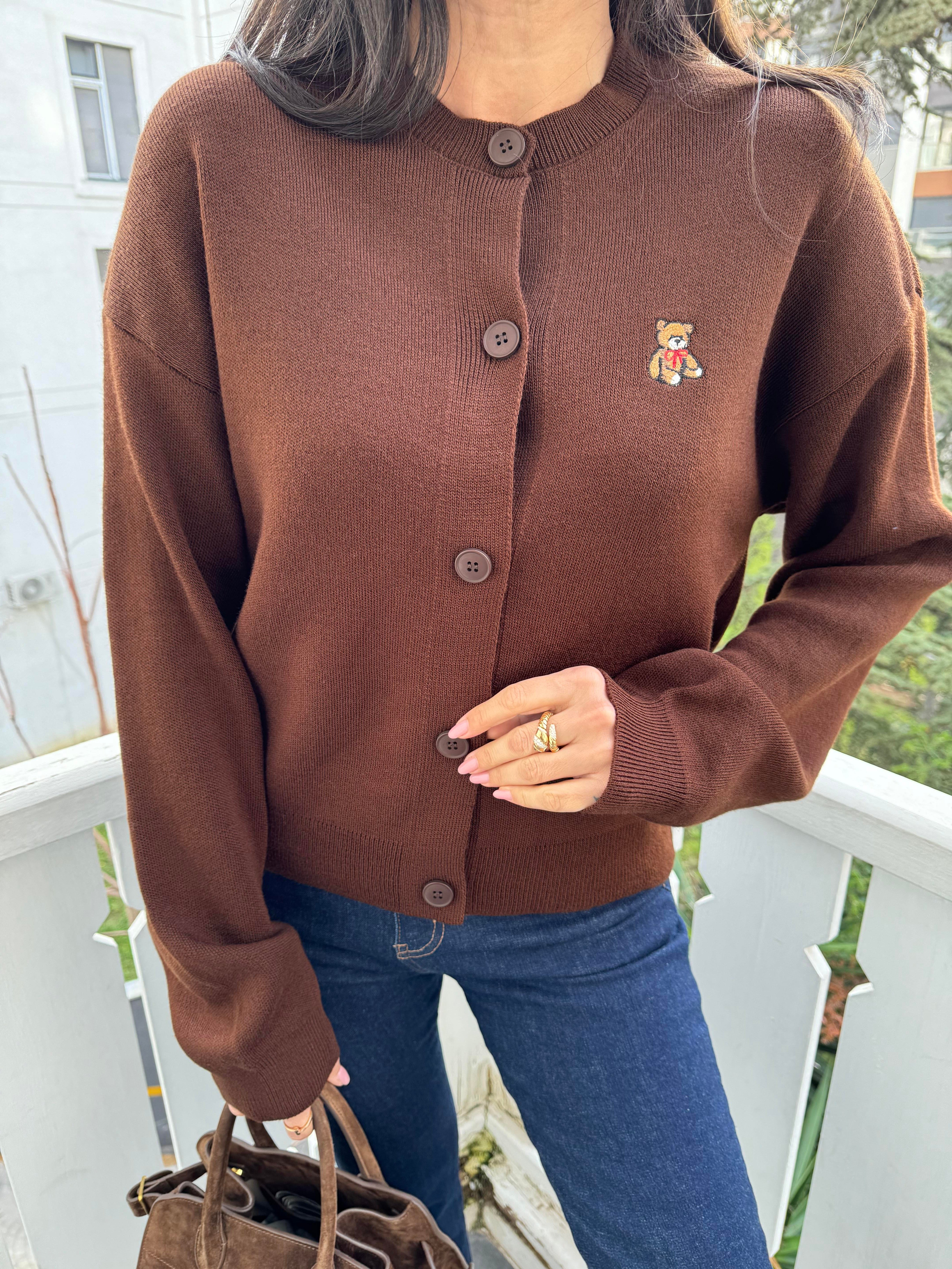 Kahve Tedy Nakışlı Bisiklet Yaka Hırka