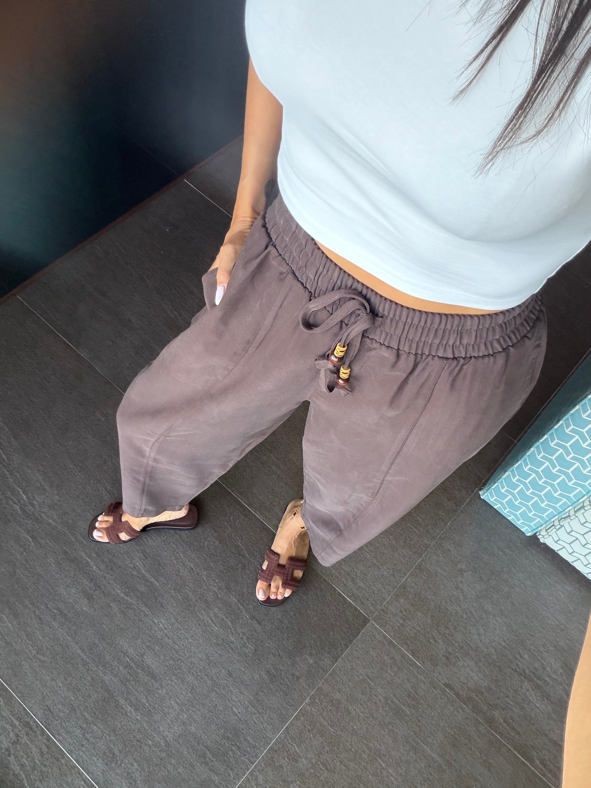 Kahve Tencel Bağcıklı Kumaş Pantolon