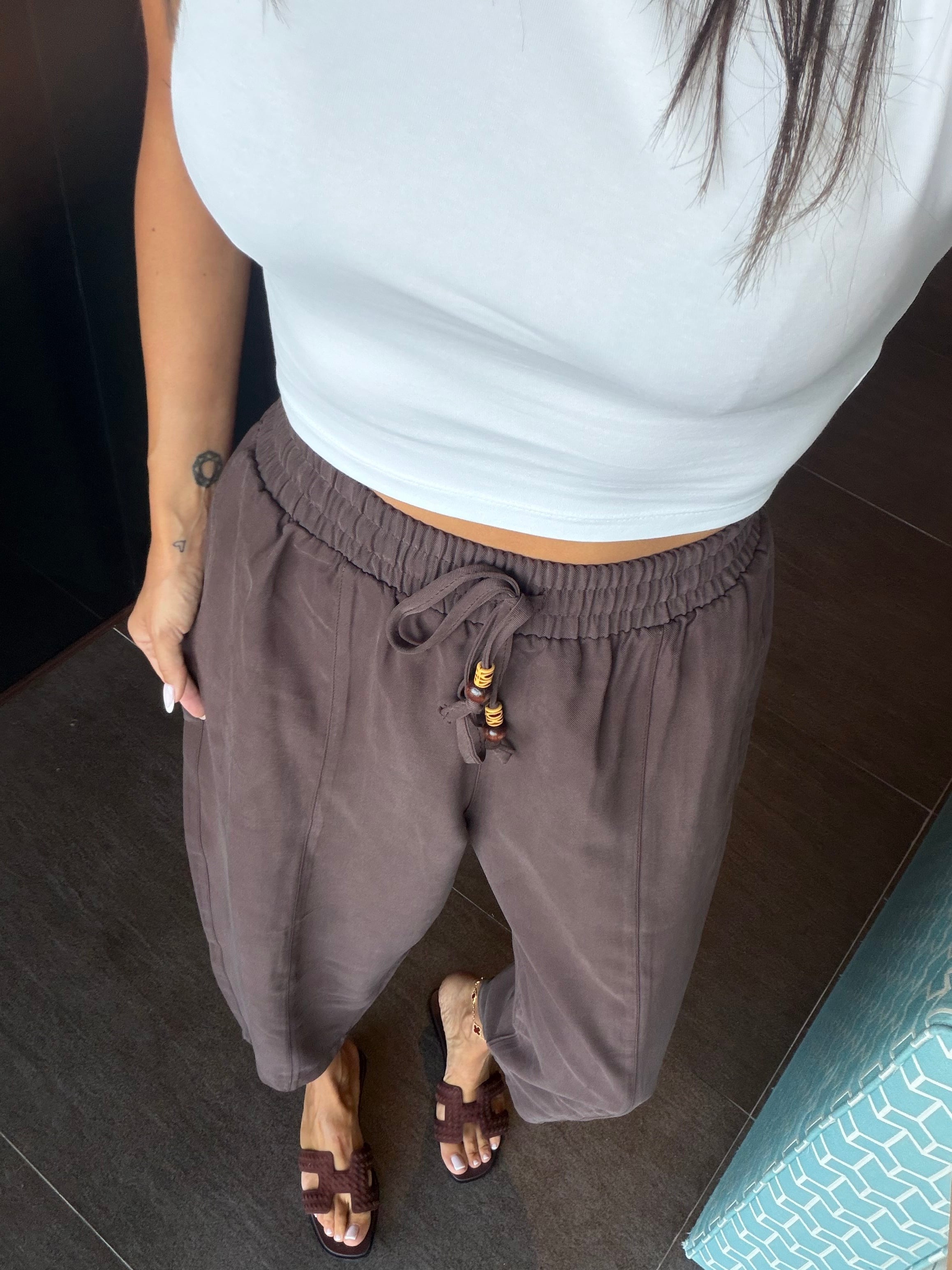 Kahve Tencel Bağcıklı Kumaş Pantolon
