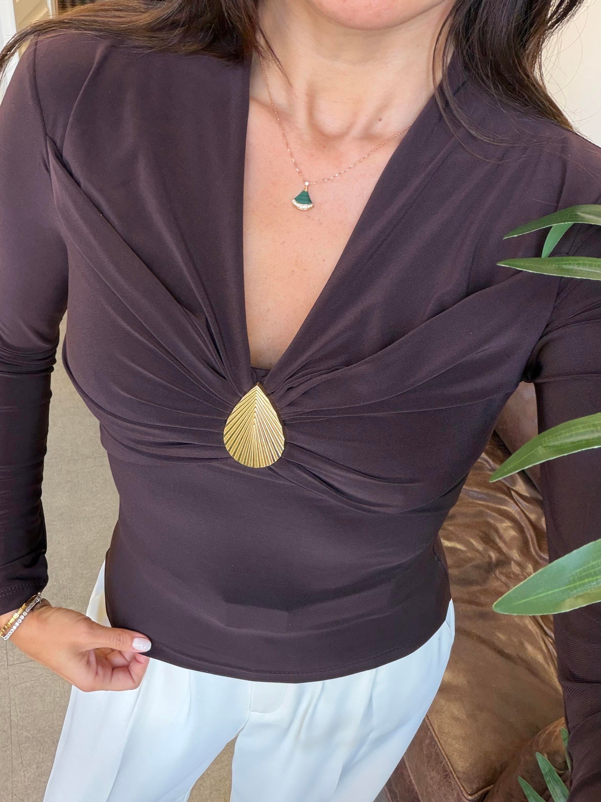 Kahve V Yaka Deniz Kabuklu Bluz