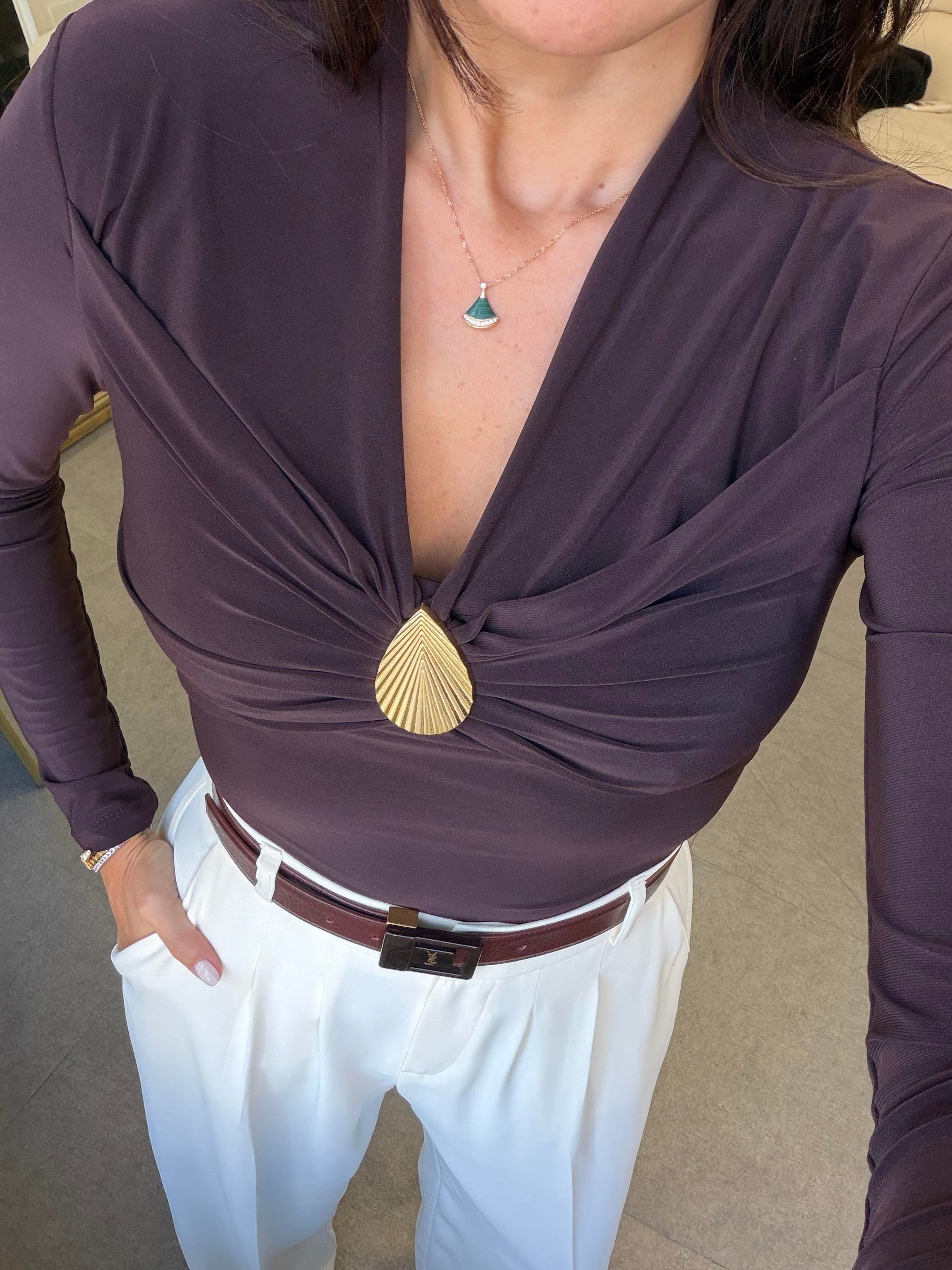 Kahve V Yaka Deniz Kabuklu Bluz