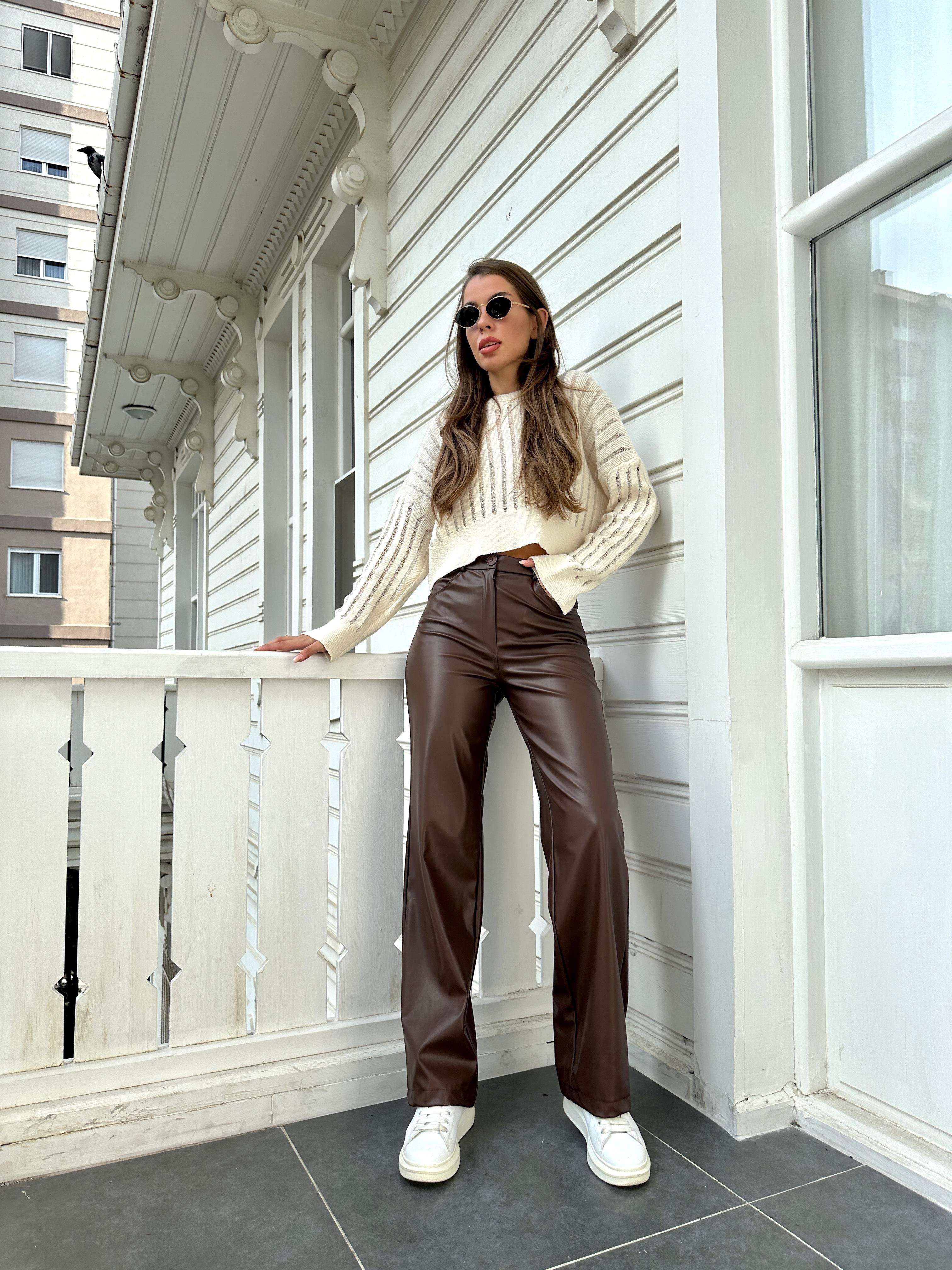 Kahve Wide-Leg Deri Pantolon