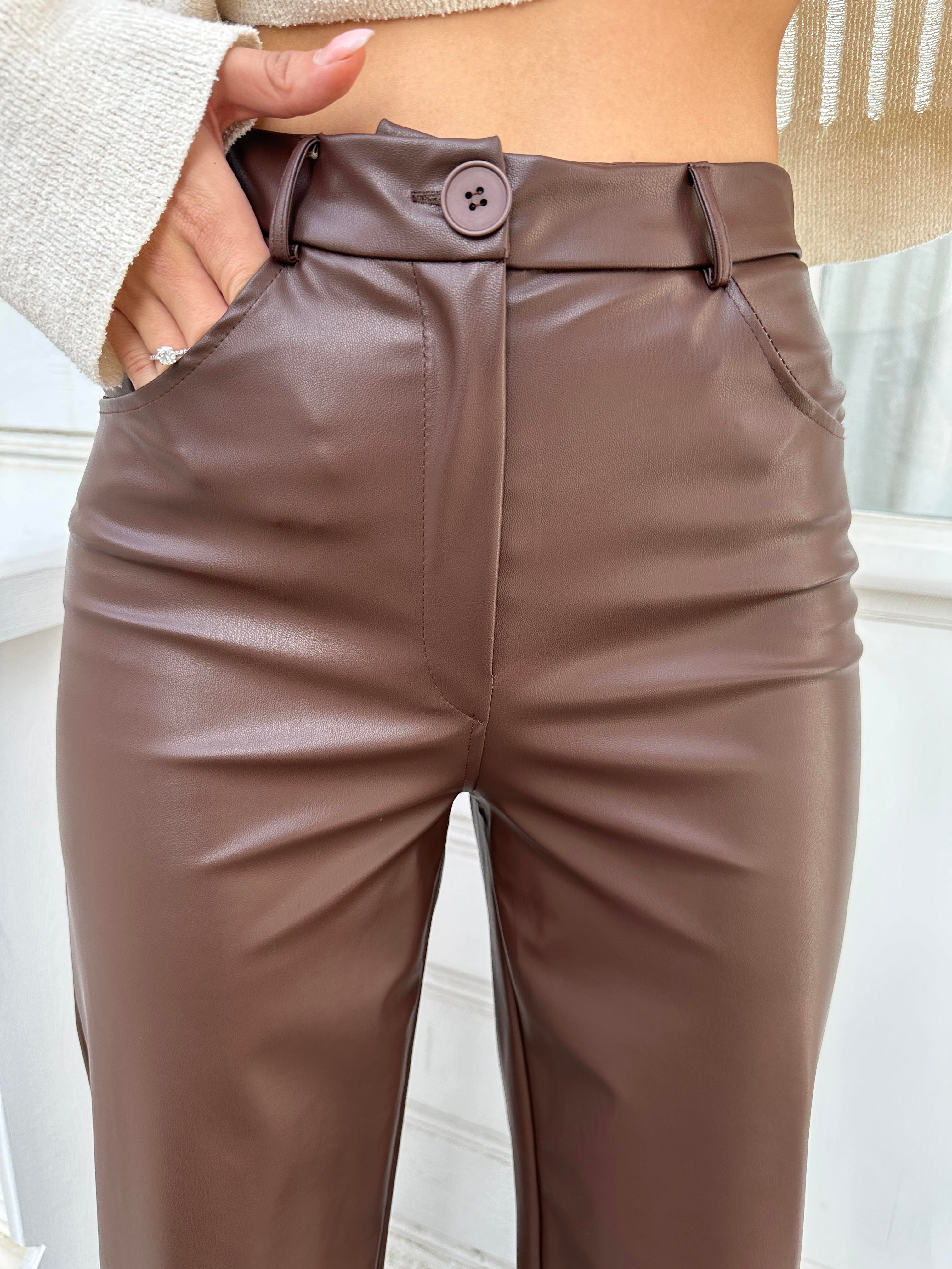 Kahve Wide-Leg Deri Pantolon