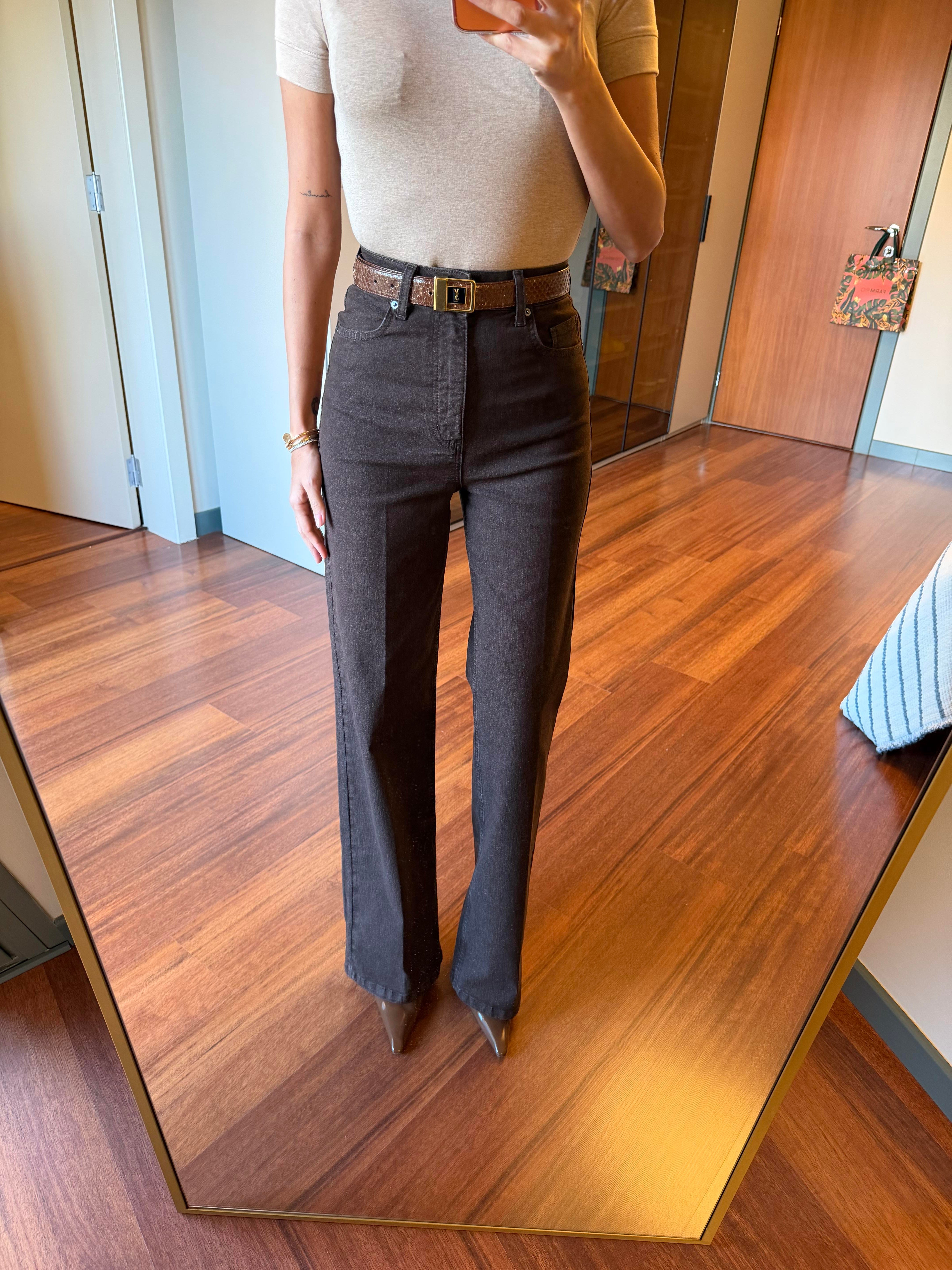 Kahve Yüksek Bel Wide-Leg Jean Pantolon