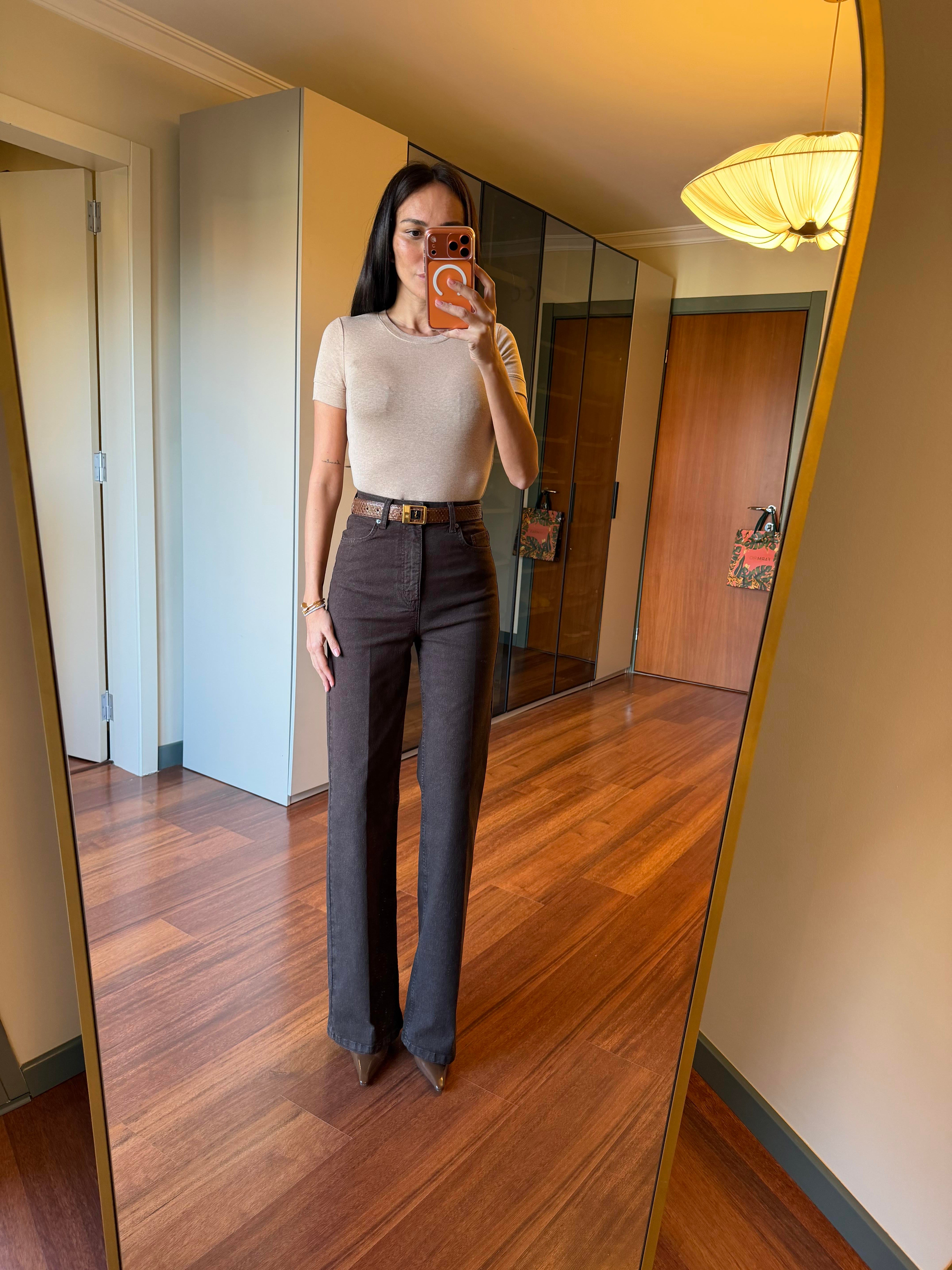 Kahve Yüksek Bel Wide-Leg Jean Pantolon