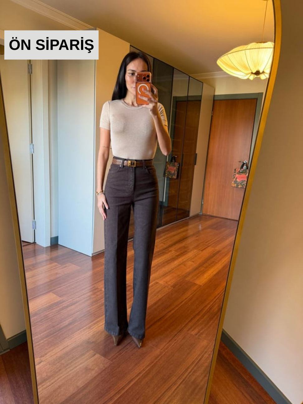 Kahve Yüksek Bel Wide-Leg Jean Pantolon