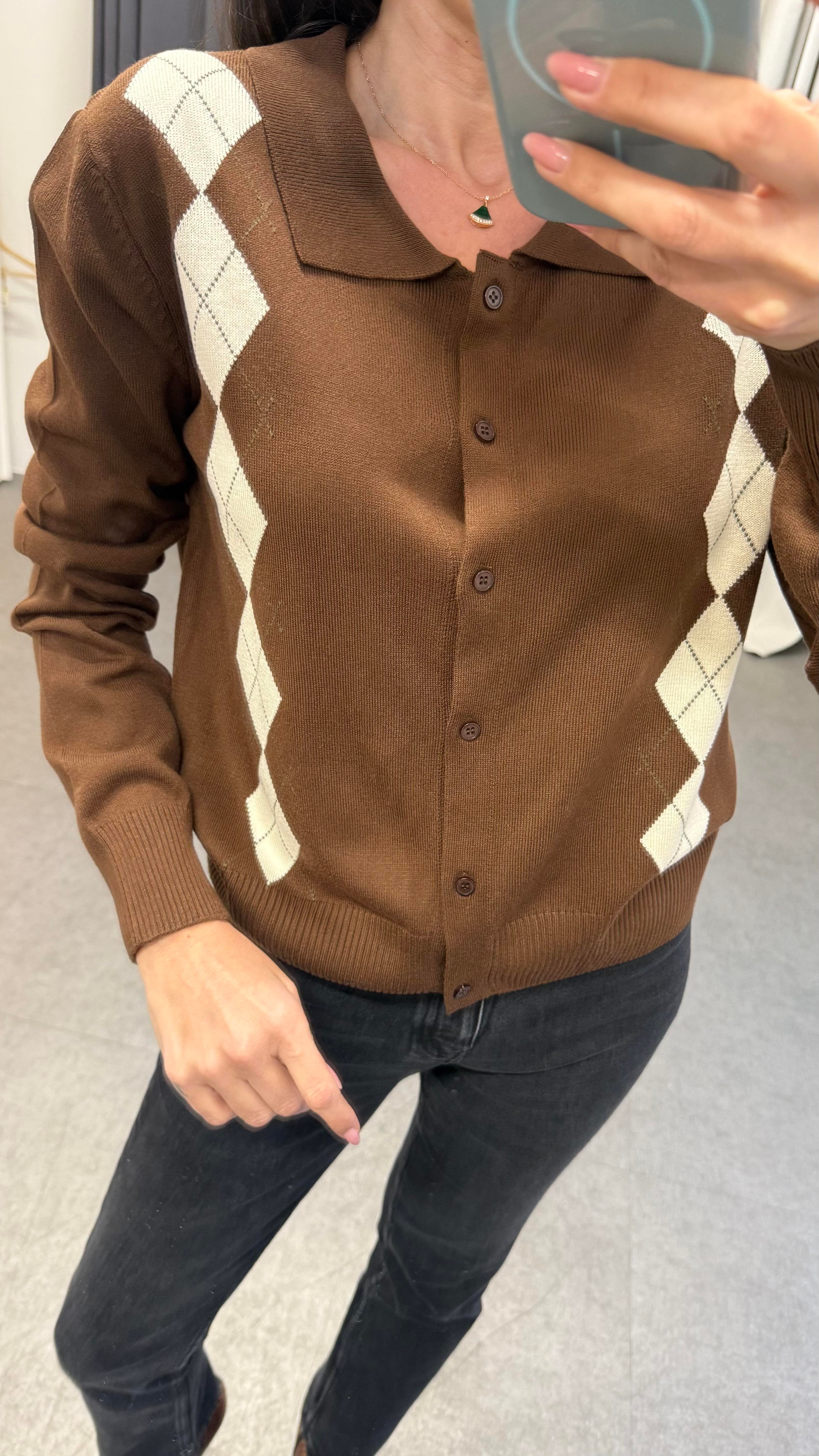 Kahverengi Baklava Desen Hırka