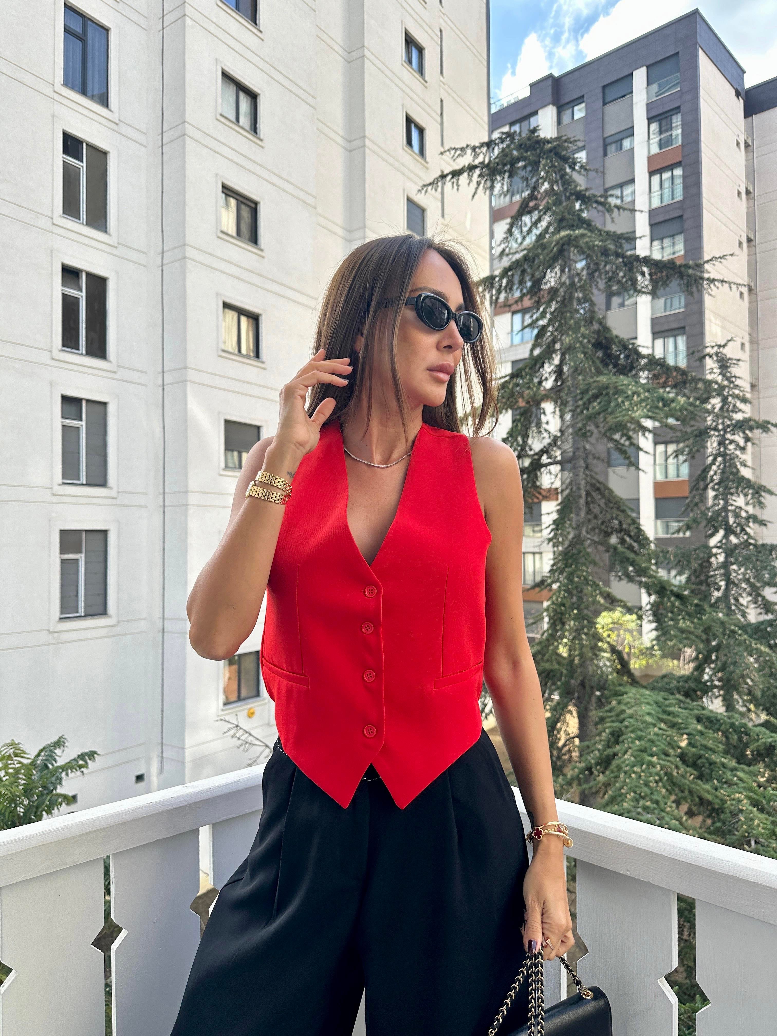 Kırmızı Blazer Düğmeli Yelek