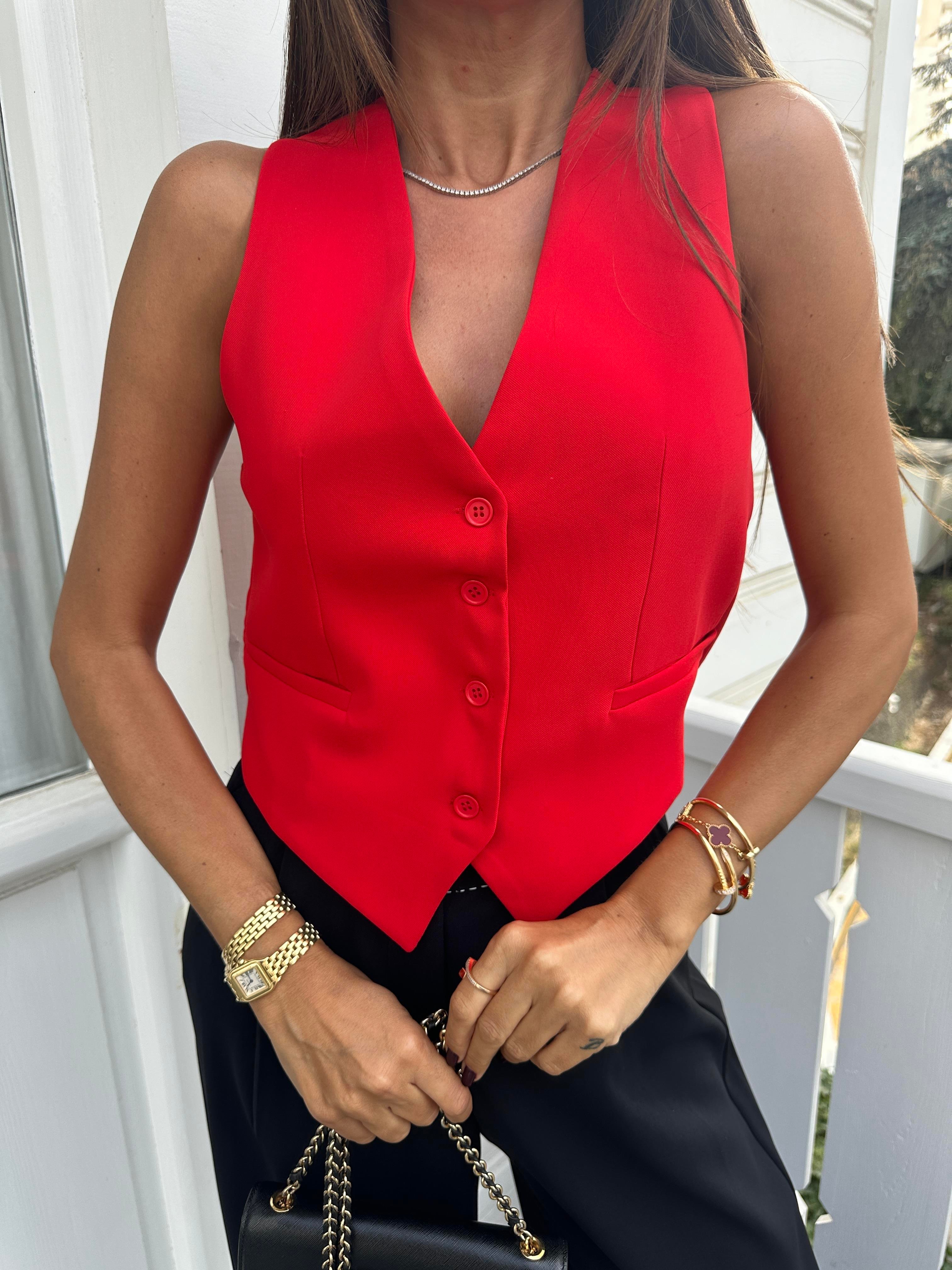 Kırmızı Blazer Düğmeli Yelek