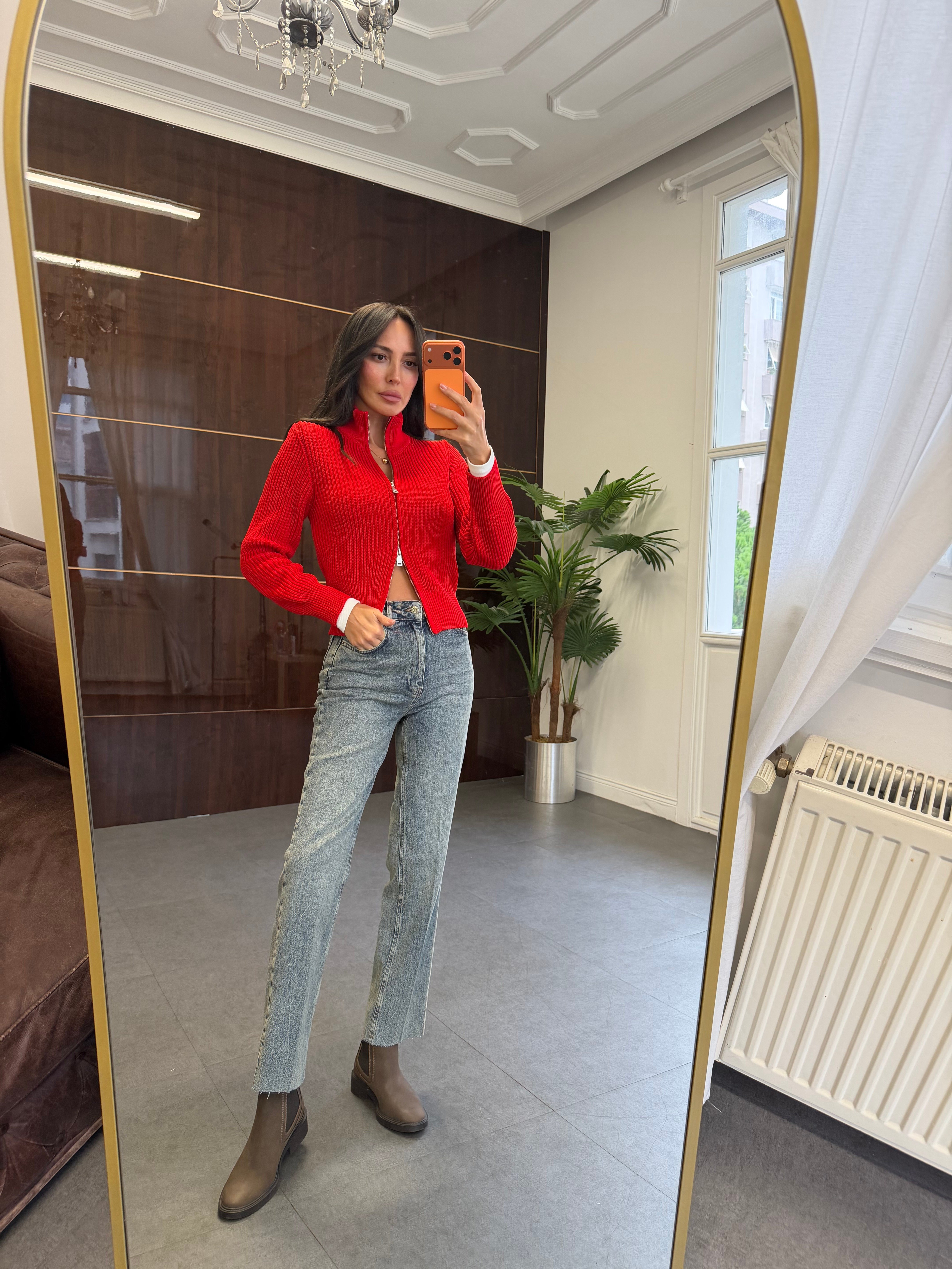 Kırmızı Fermuarlı Selanik Hırka