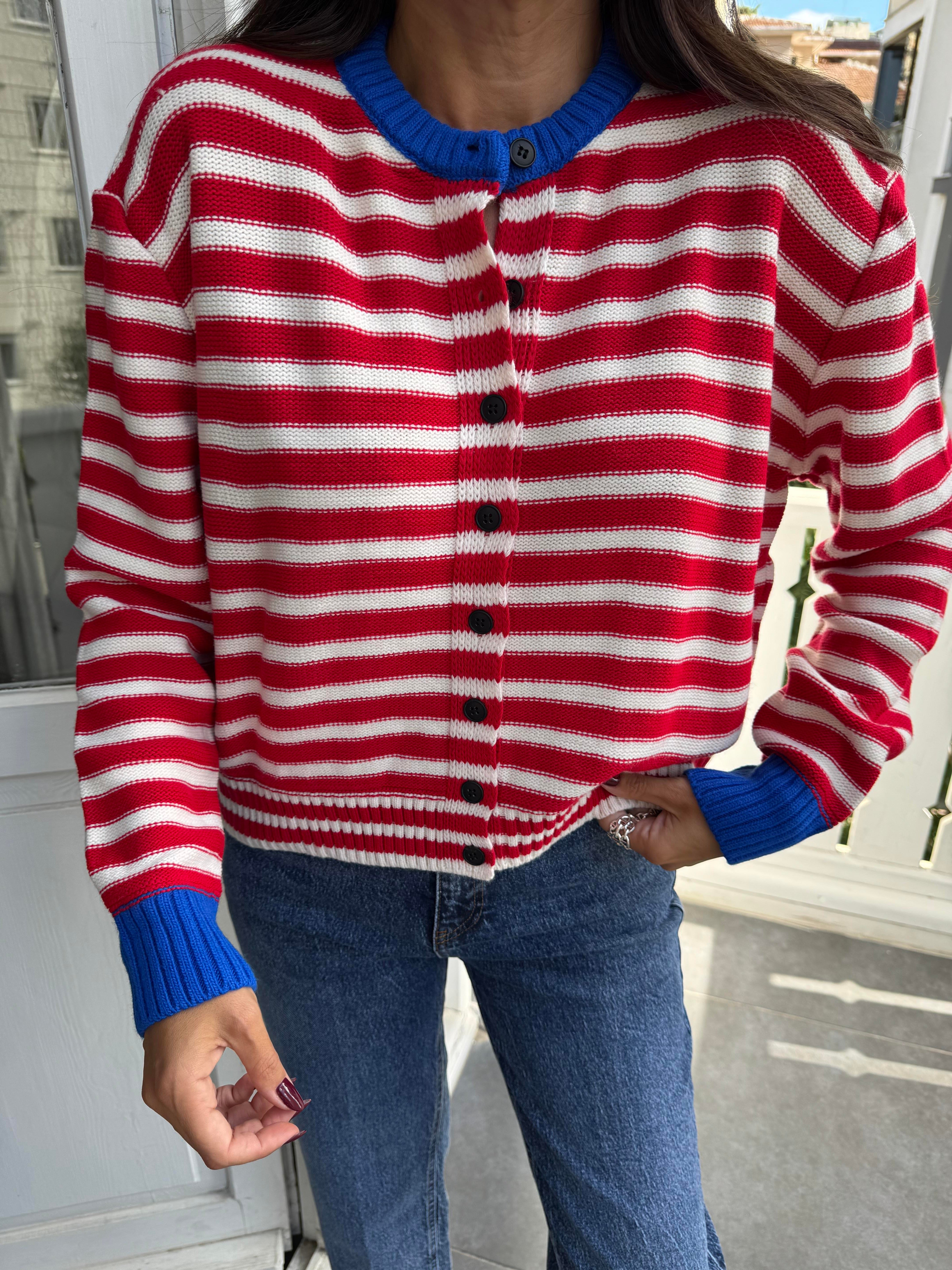 Kırmızı-Saks Çizgili Renkli Hırka