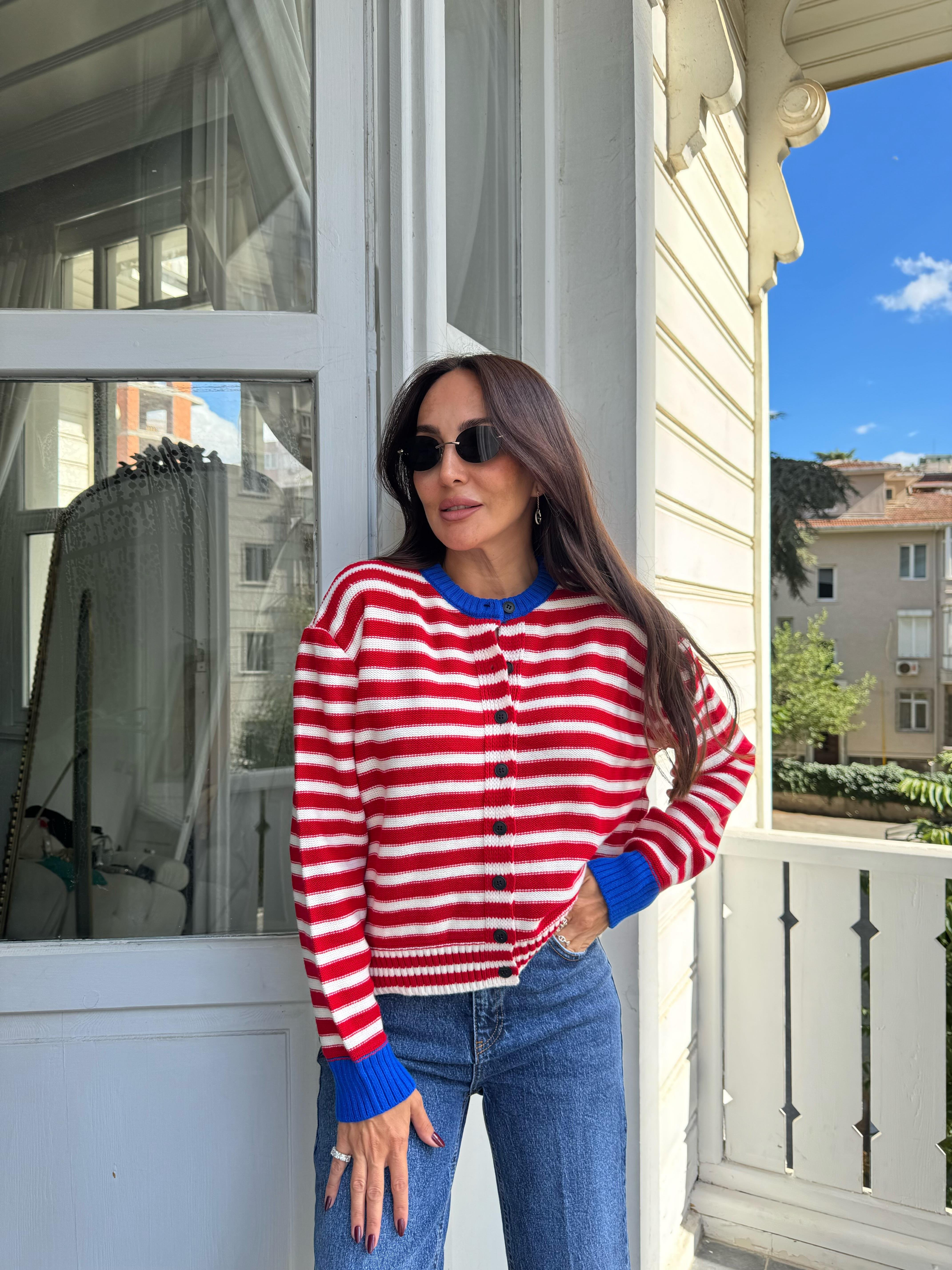 Kırmızı-Saks Çizgili Renkli Hırka