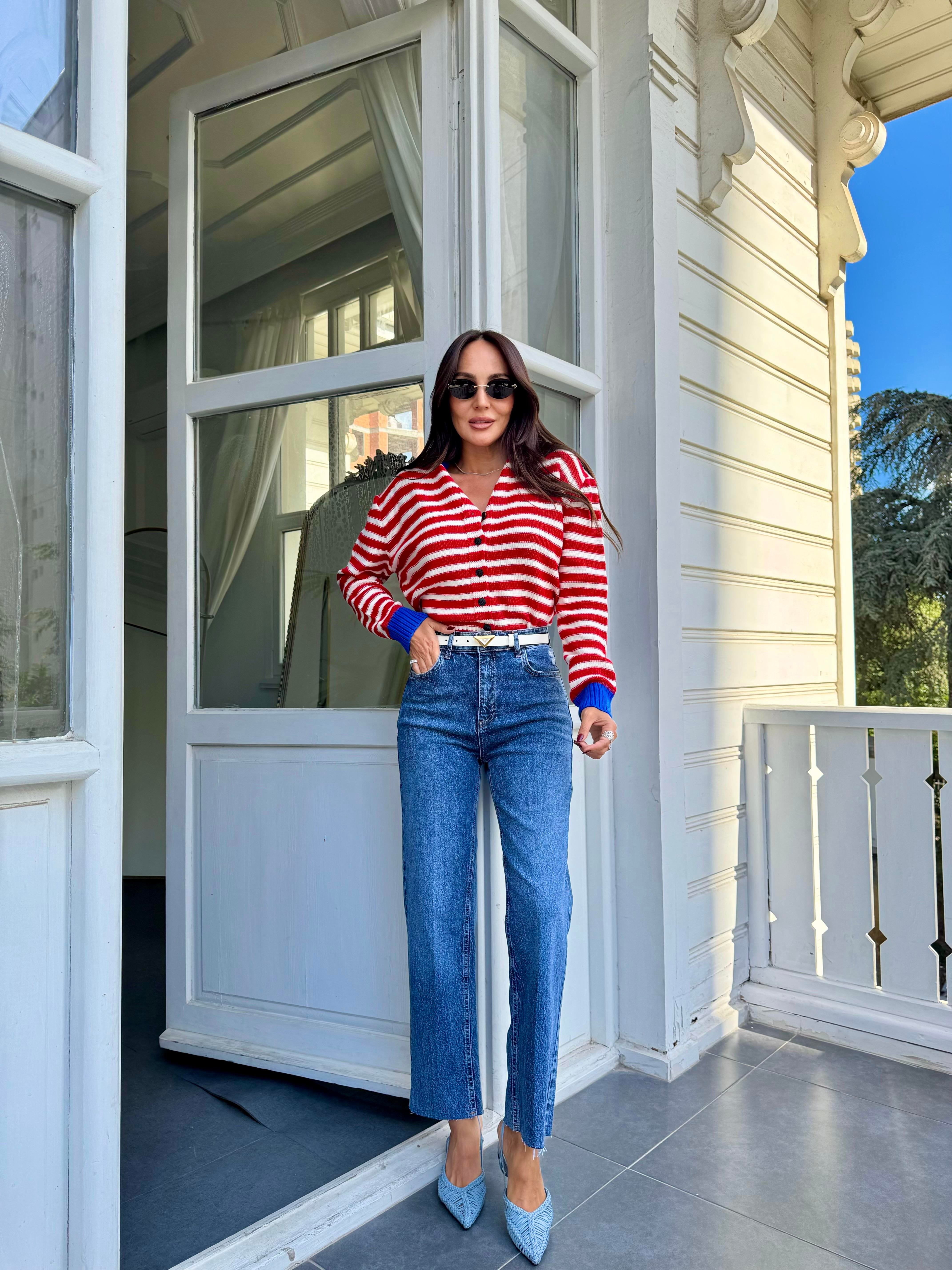 Kırmızı-Saks Çizgili Renkli Hırka