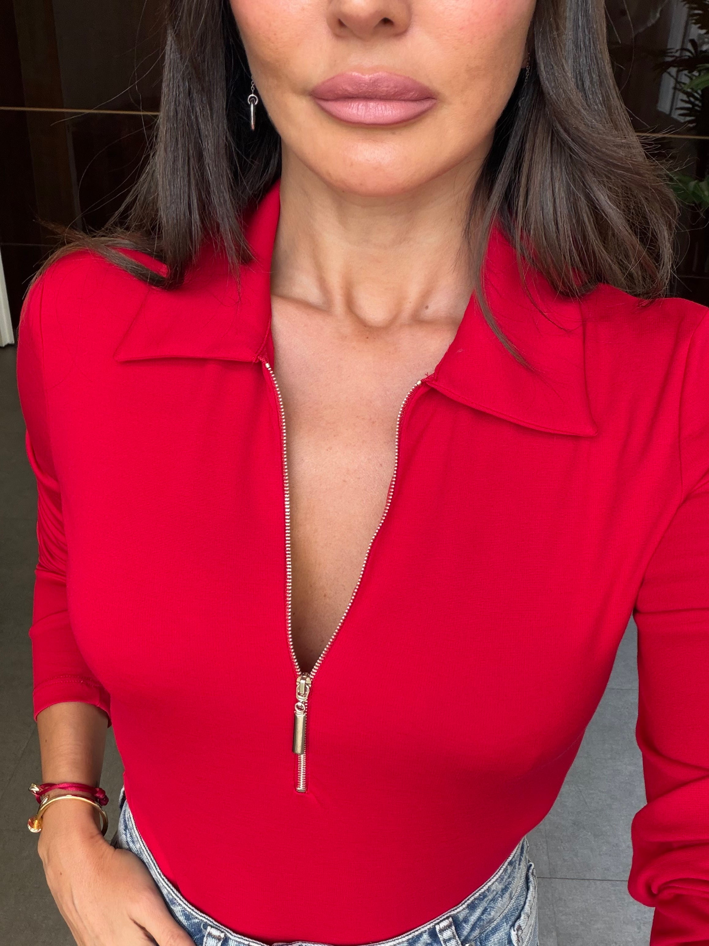 Kırmızı Yarım Fermuarlı Bodysuit