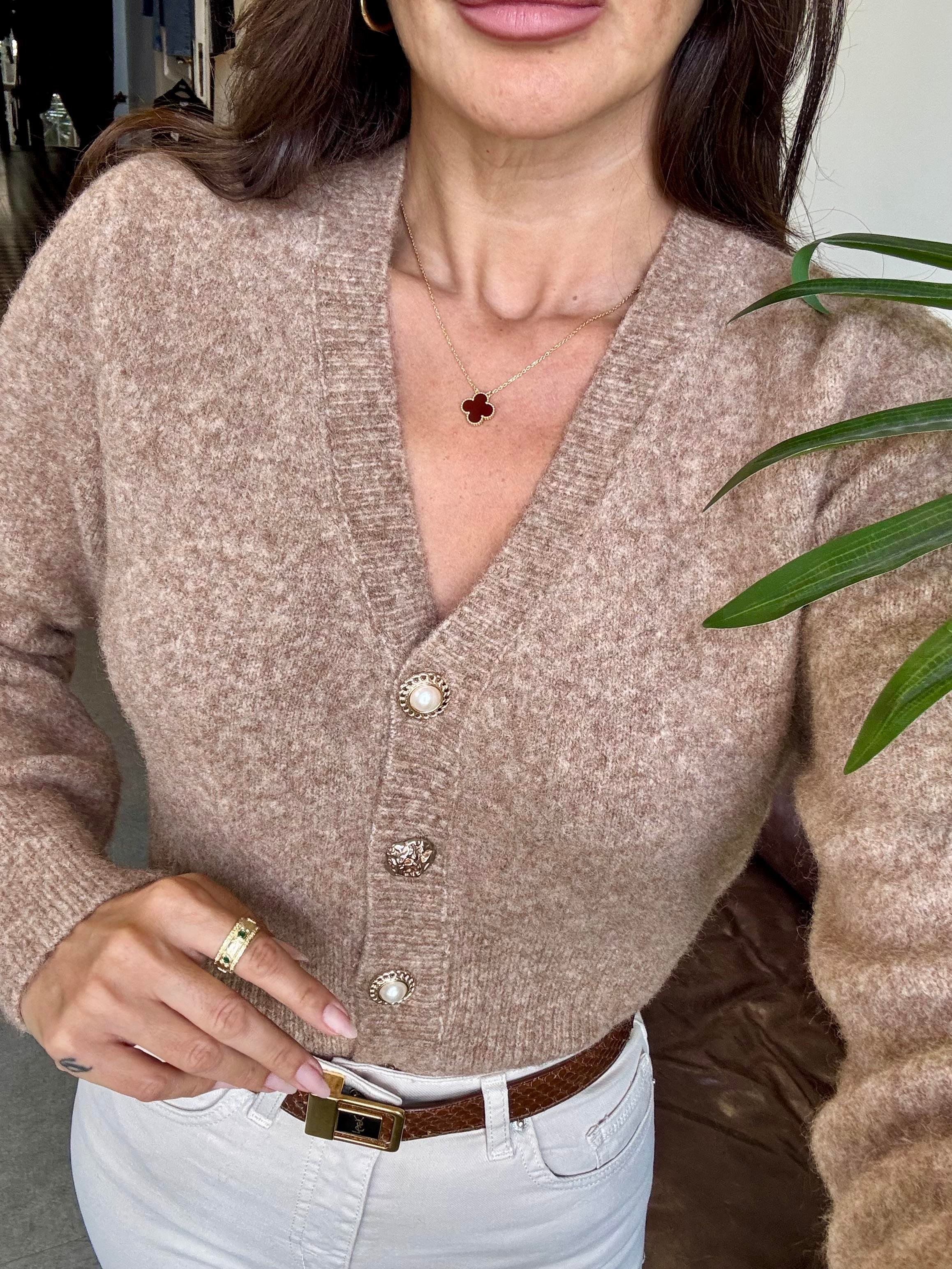 Koyu Bej Melanj V Yaka Düğmeli Triko Hırka