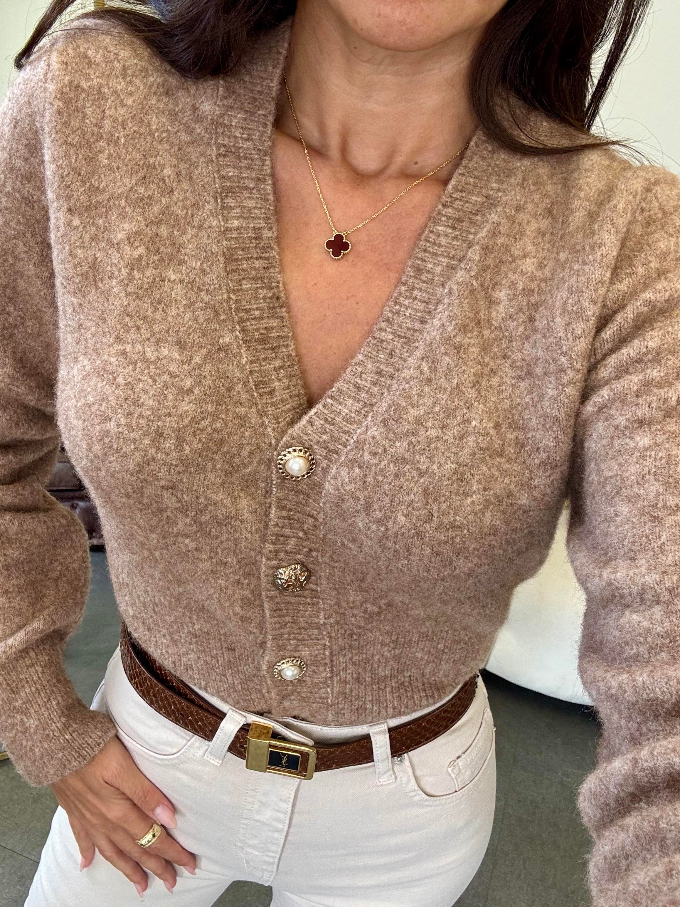 Koyu Bej Melanj V Yaka Düğmeli Triko Hırka