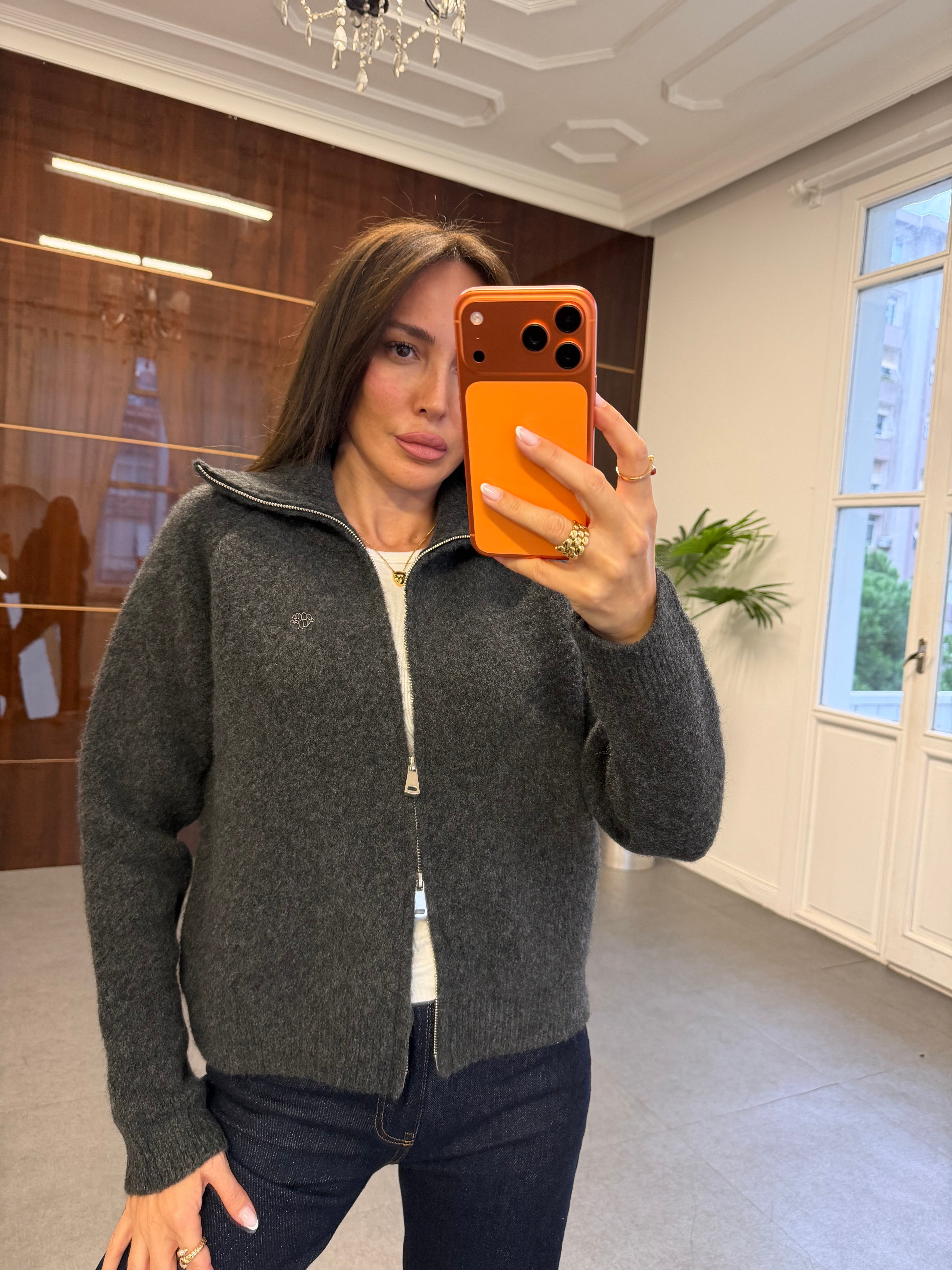 Koyu Füme Lena Çift Fermuarlı Hırka