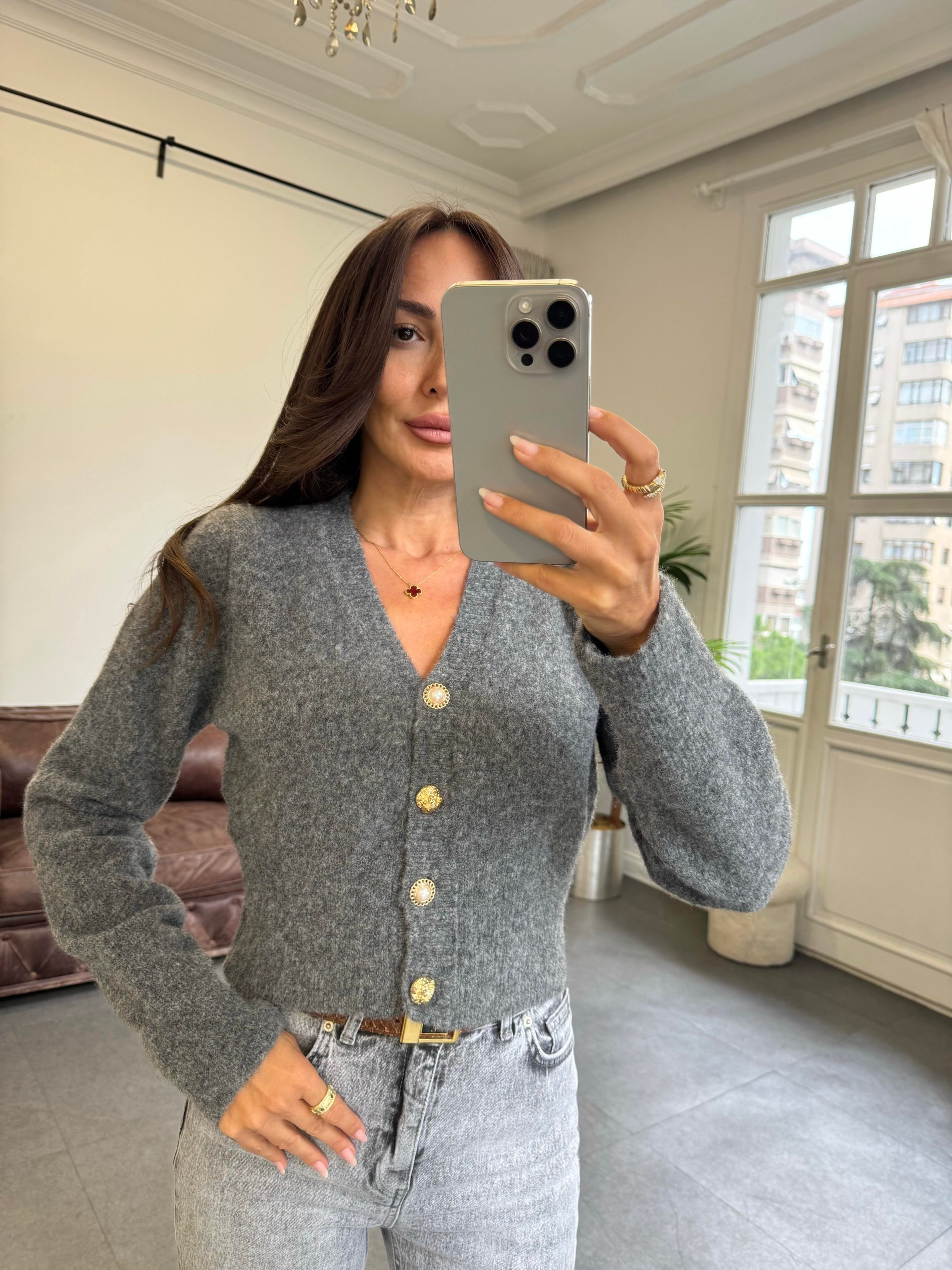 Koyu Füme Melanj V Yaka Düğmeli Triko Hırka