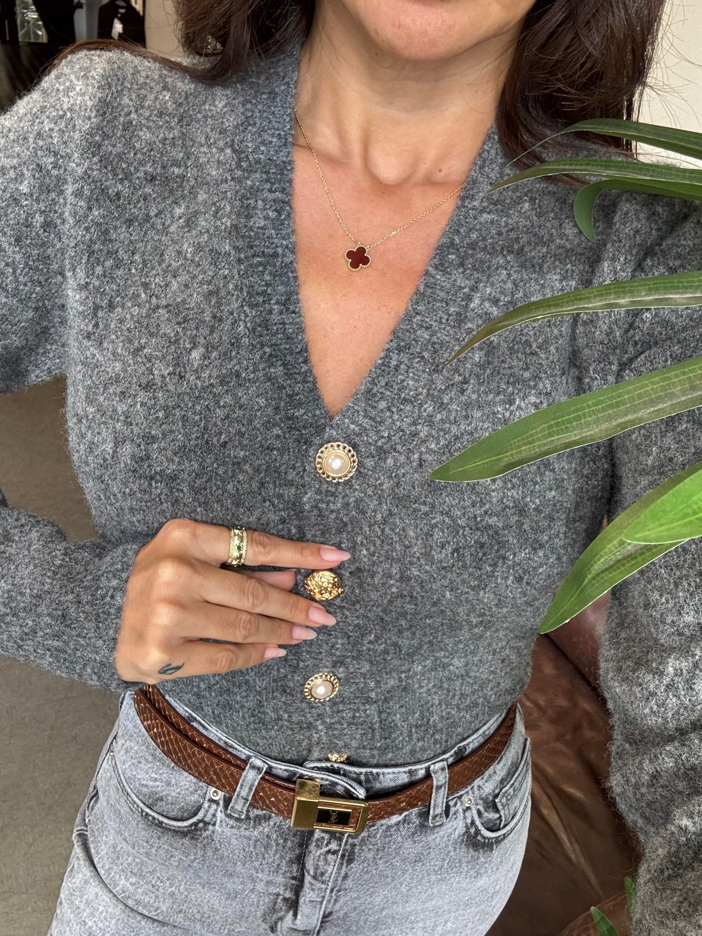 Koyu Füme Melanj V Yaka Düğmeli Triko Hırka