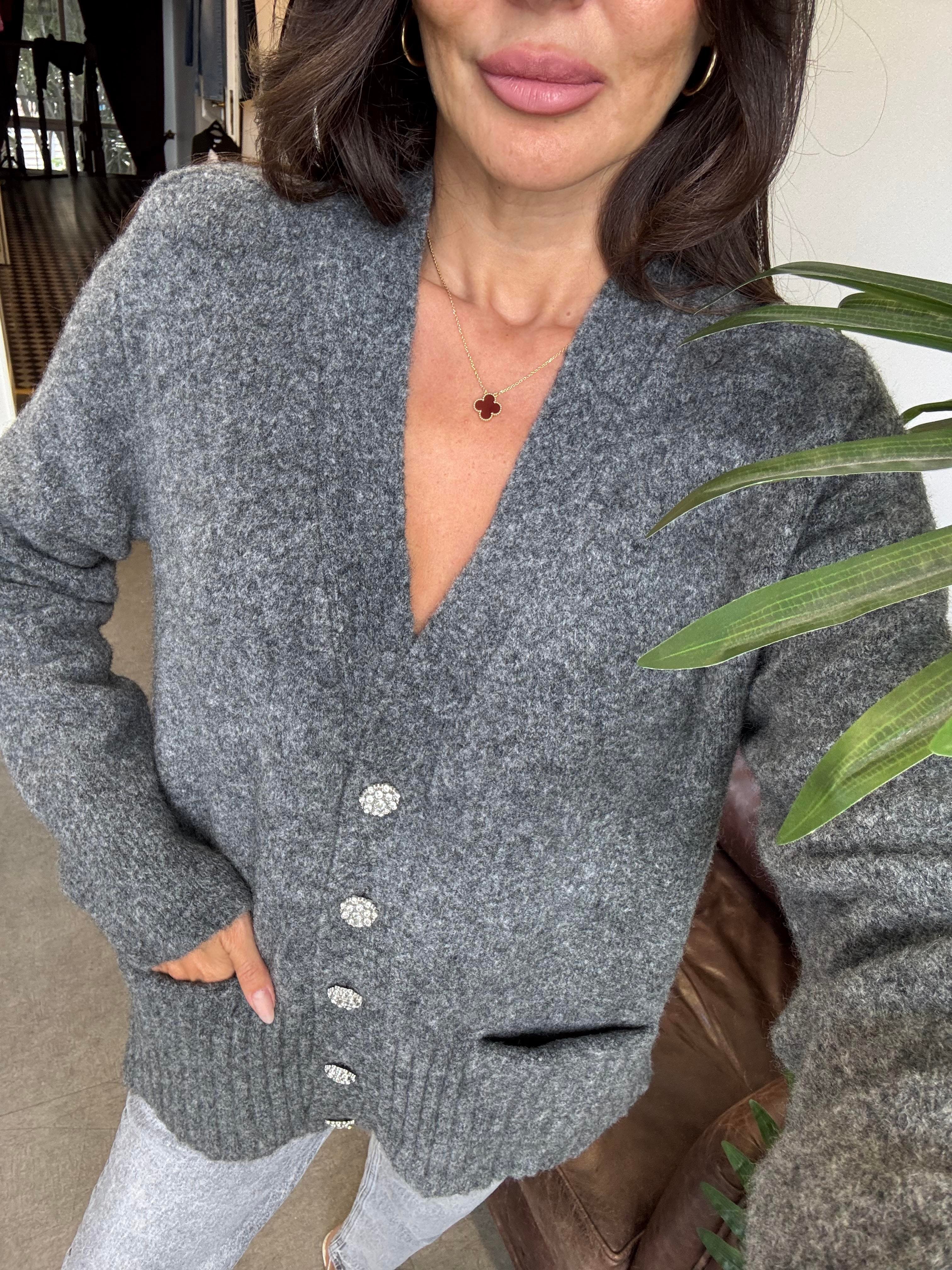 Koyu Füme Melanj V Yaka Taş Düğmeli Cepli Yumuşak Dokulu Hırka