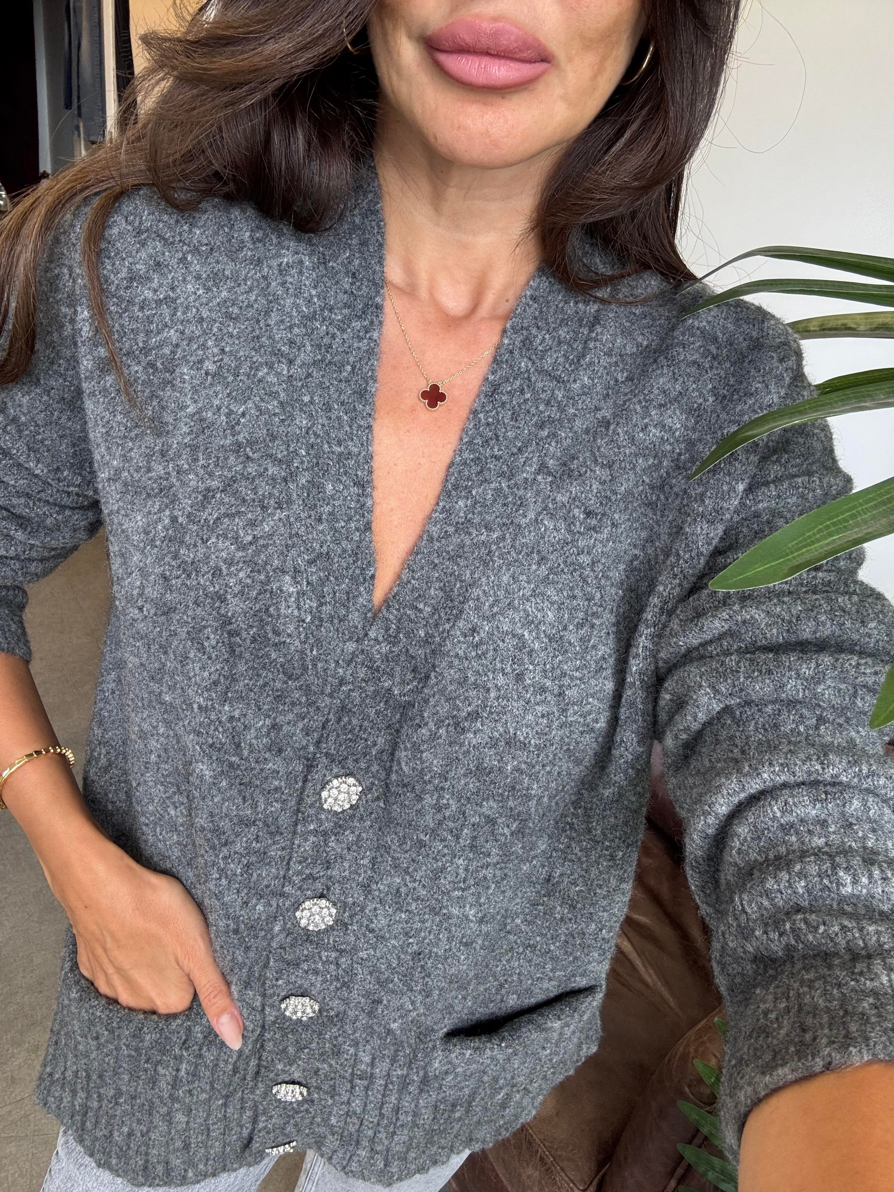 Koyu Füme Melanj V Yaka Taş Düğmeli Cepli Yumuşak Dokulu Hırka