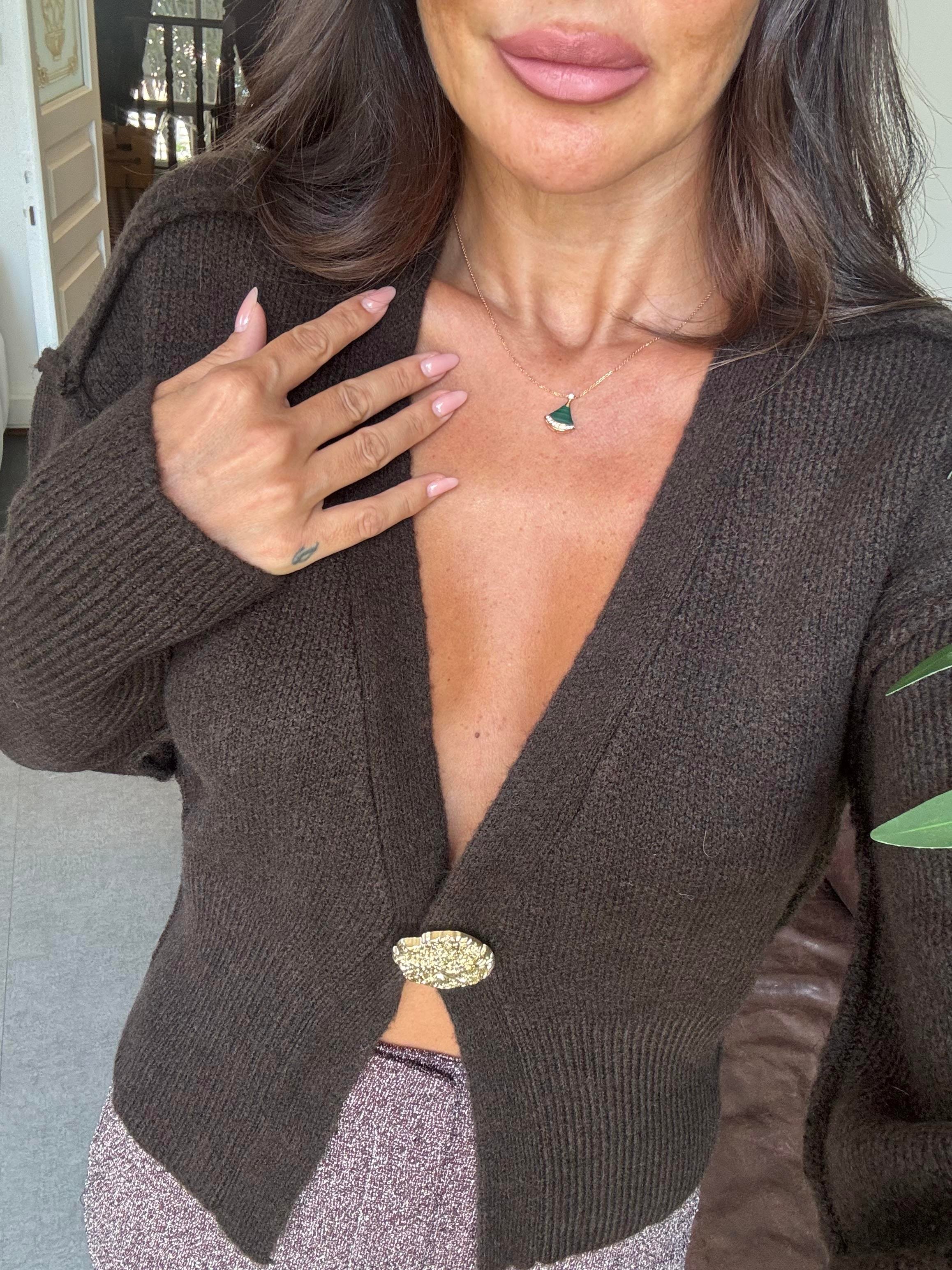 Koyu Kahve Ters Dikişli Tek Düğmeli Hırka