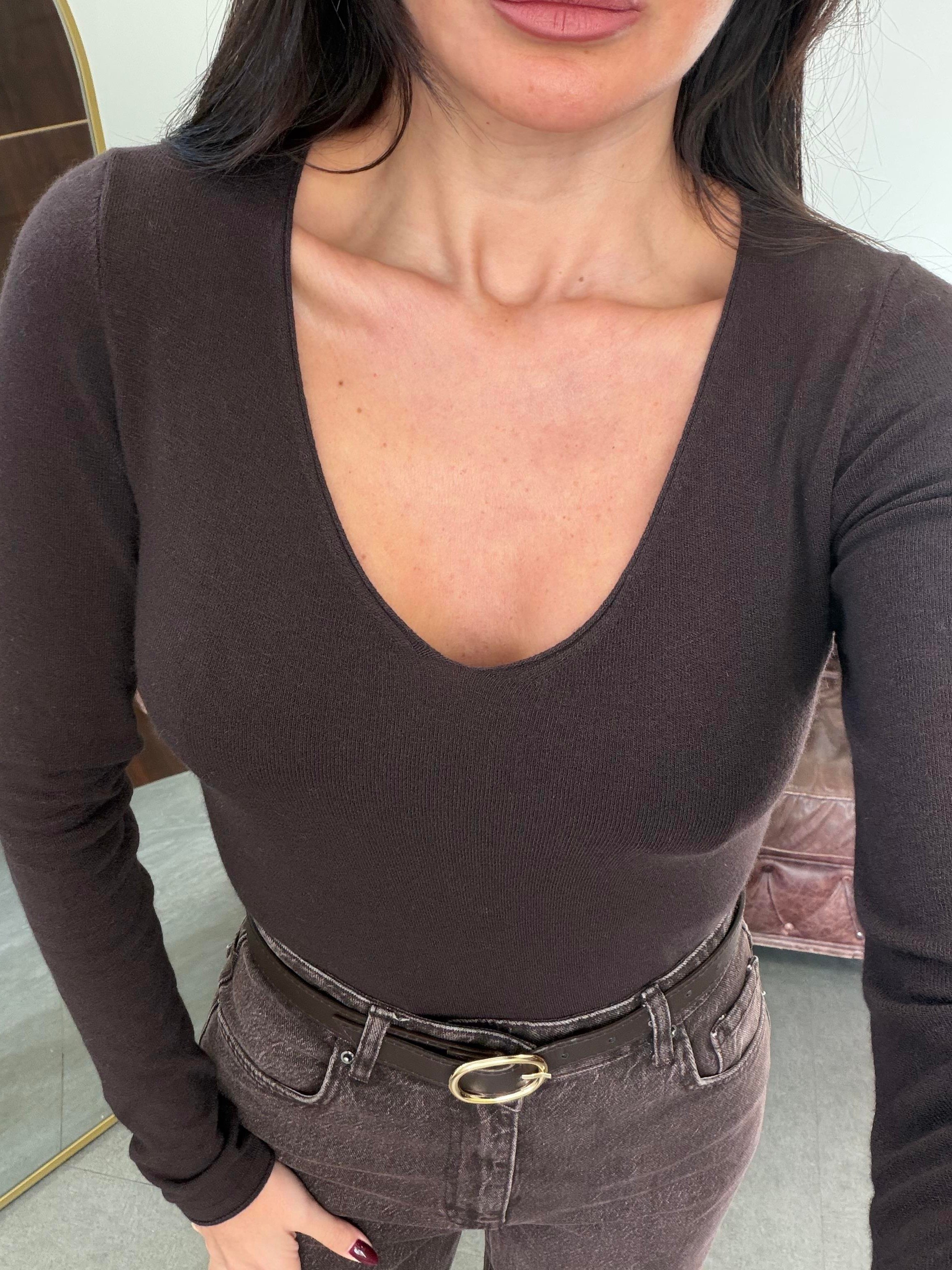 Koyu Kahve V Yaka Kaşmirli Ultra Hafif Triko Kazak