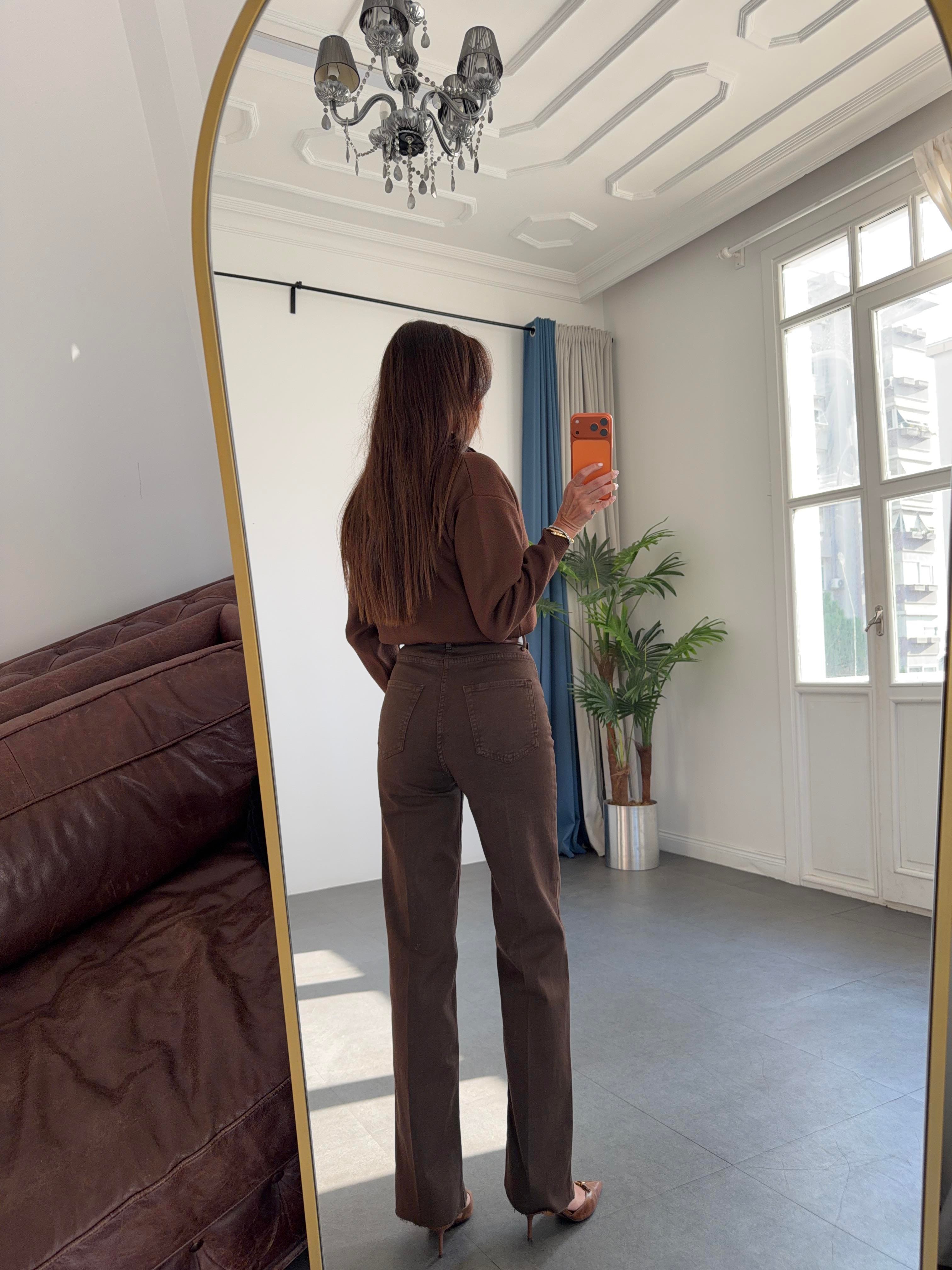 Koyu Kahve Yıkamalı Düz Kesim Jean Pantolon