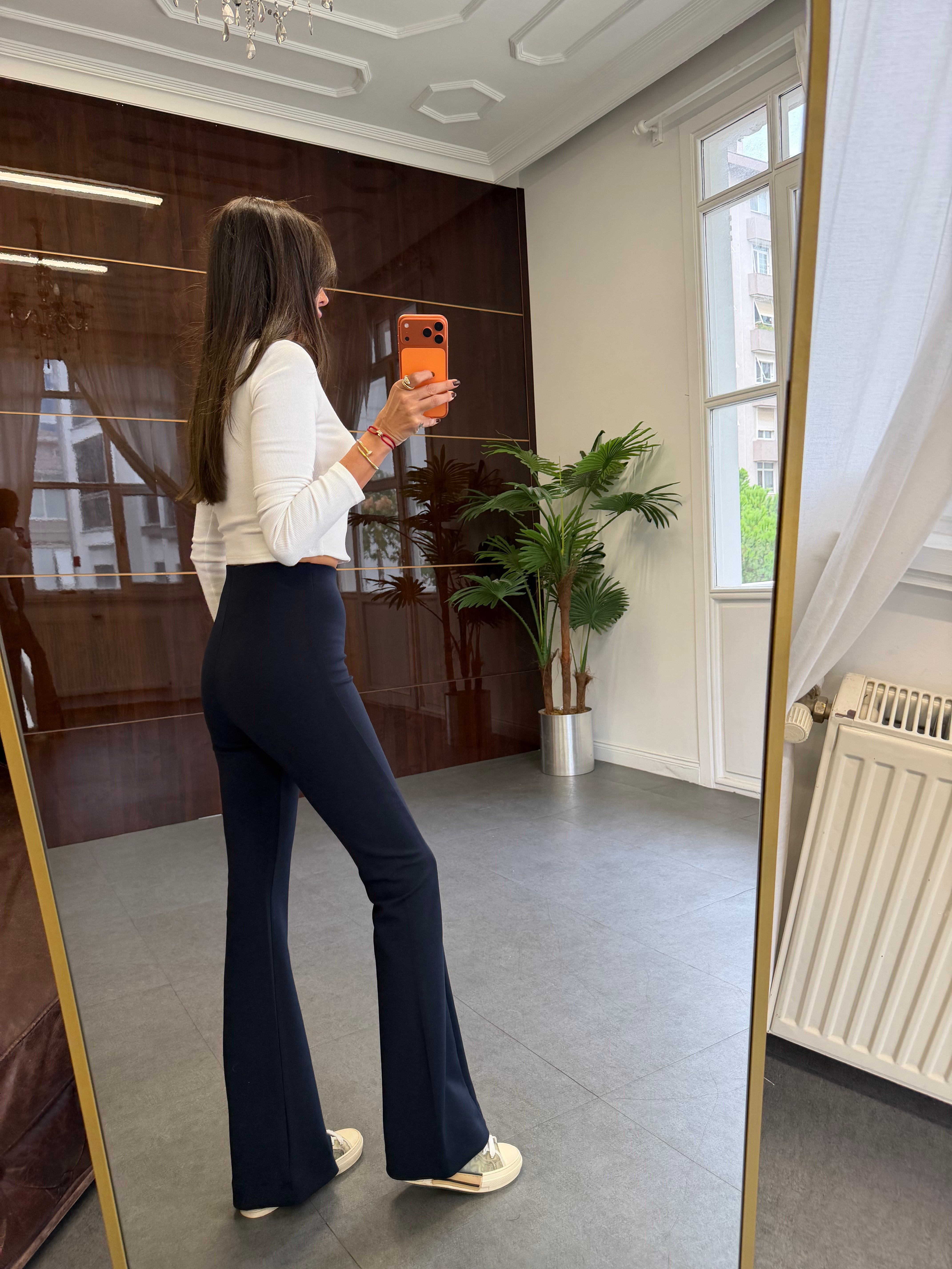 Koyu Lacivert Fermuar Detaylı Flare Pantolon