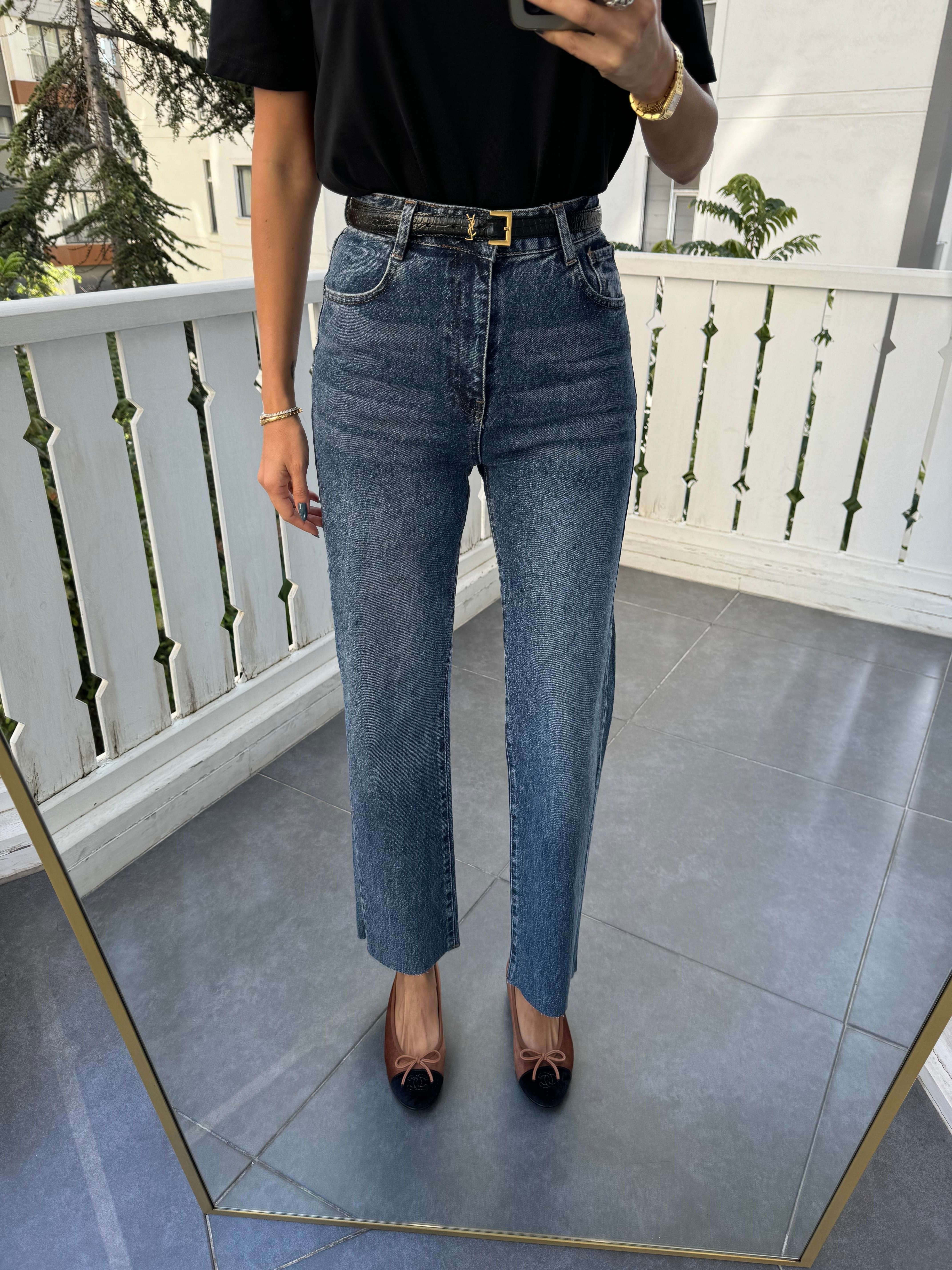 Koyu Mavi Çizgi Ütü Straight Jean Pantolon