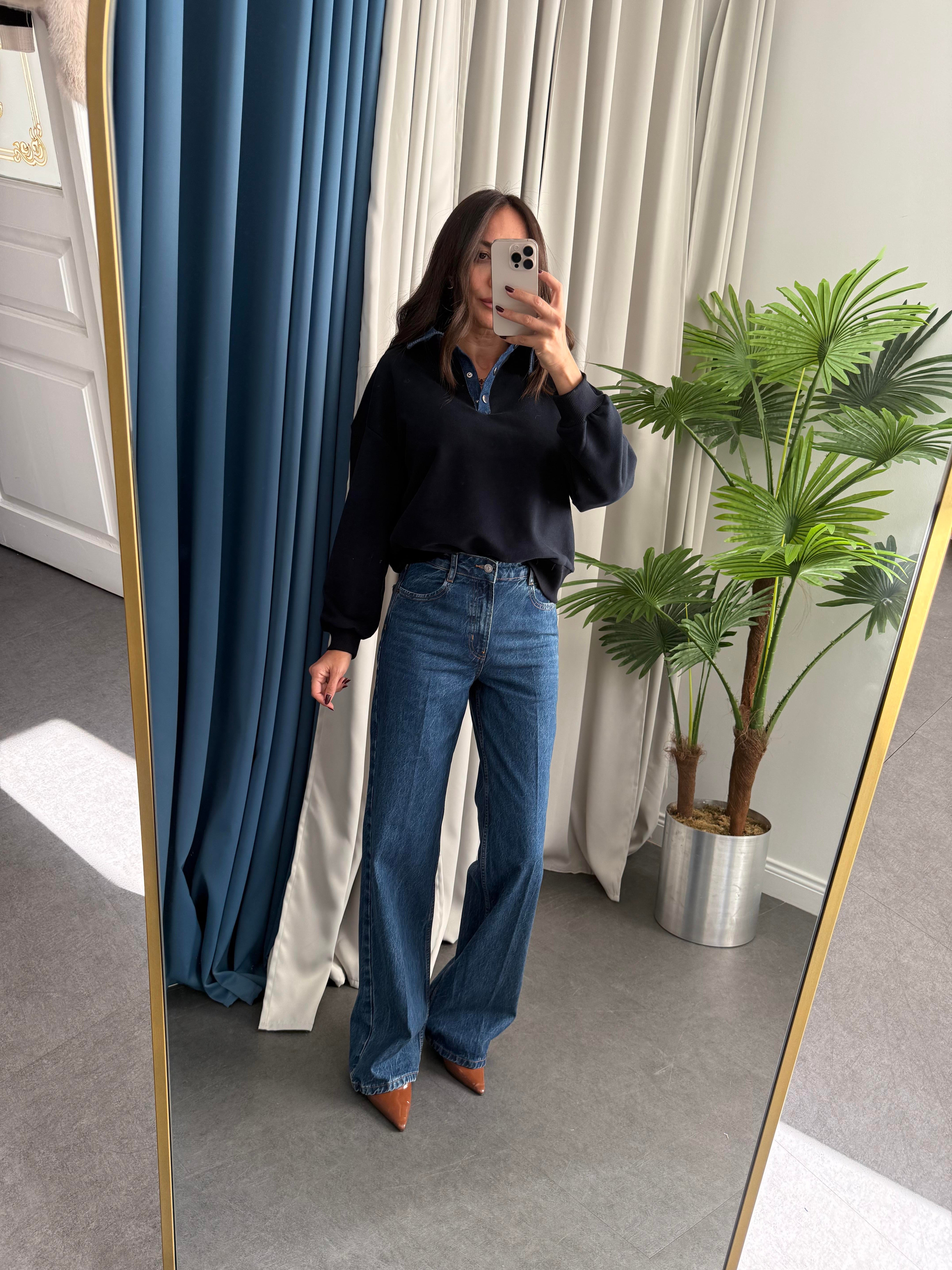 Koyu Mavi Düz Denim Kadın Palazzo