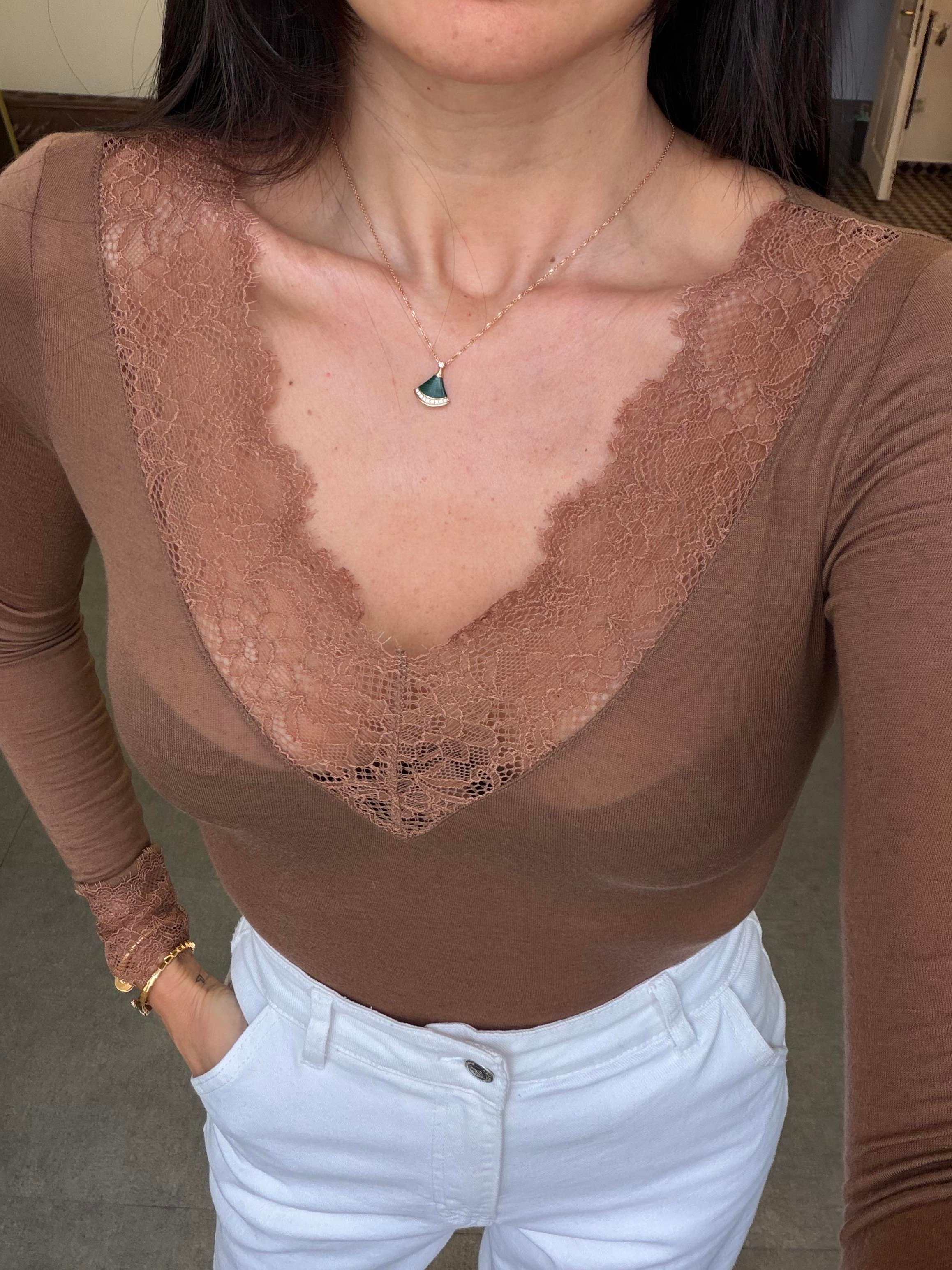 Koyu Vizon Dantelli Kaşmir Bluz