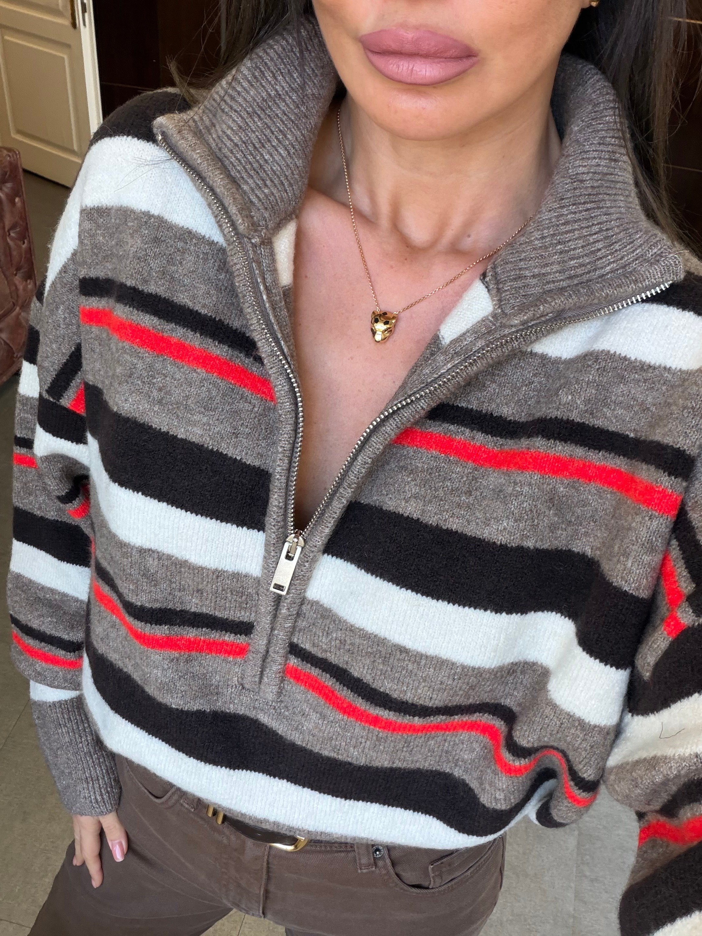 Koyu Vizon Melanj Yün Karısımlı Çizgili Kazak