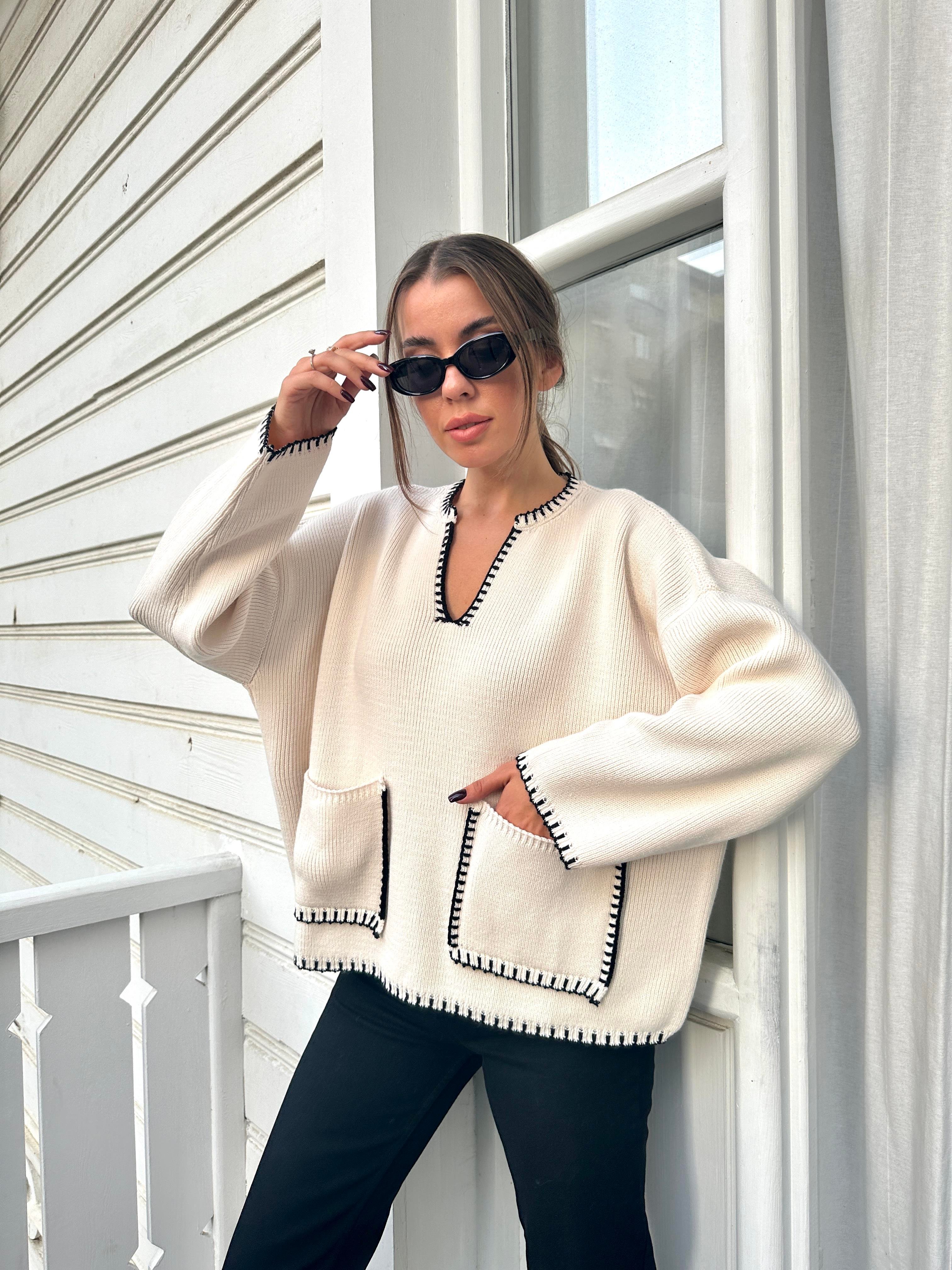 Krem Çoban Dikiş Kazak