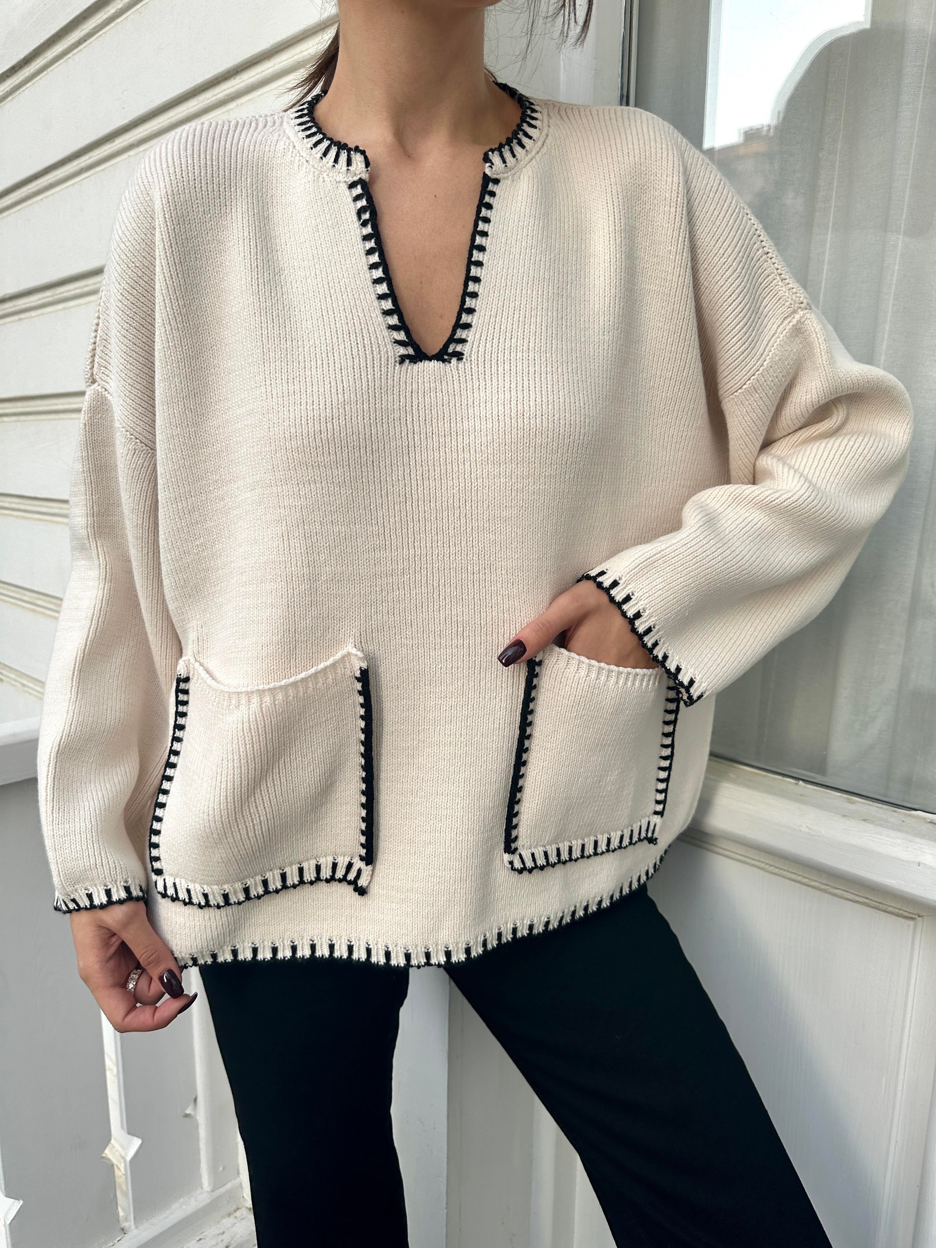 Krem Çoban Dikiş Kazak