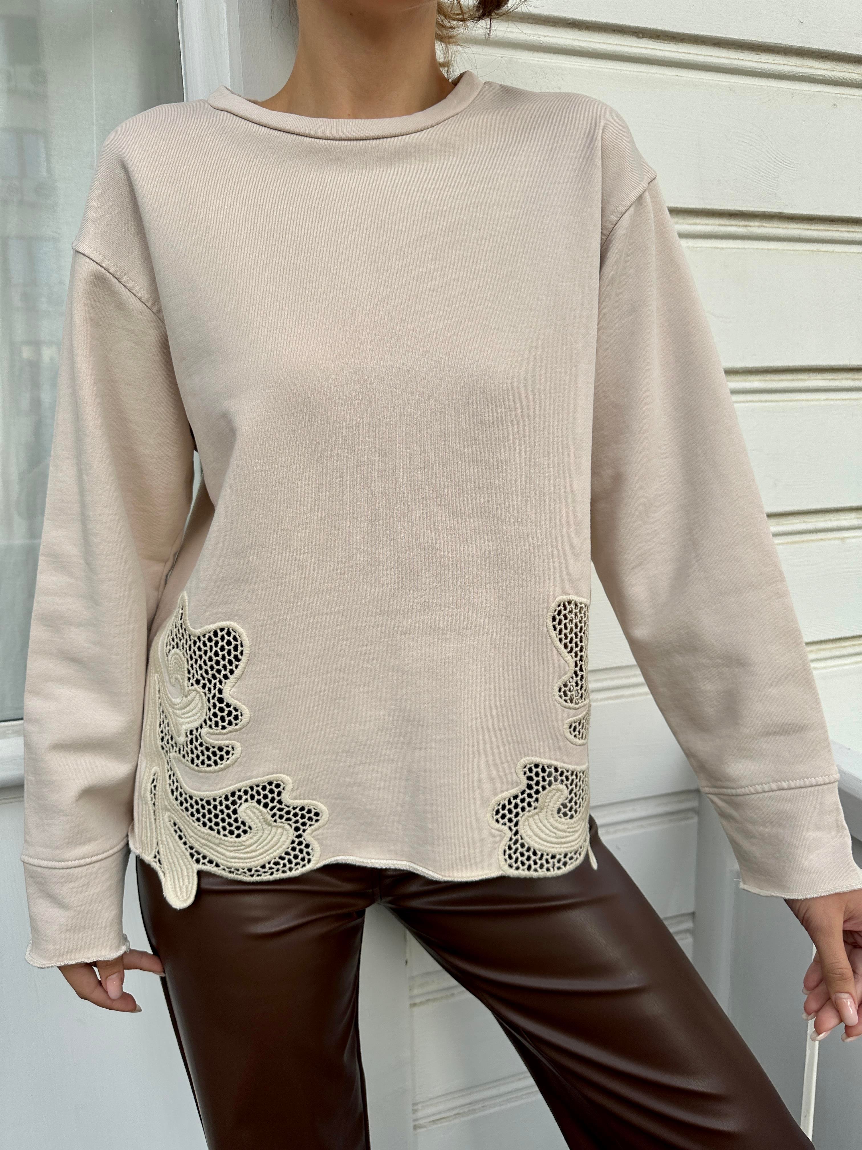 Krem Dantel Tasarımlı Sweatshirt