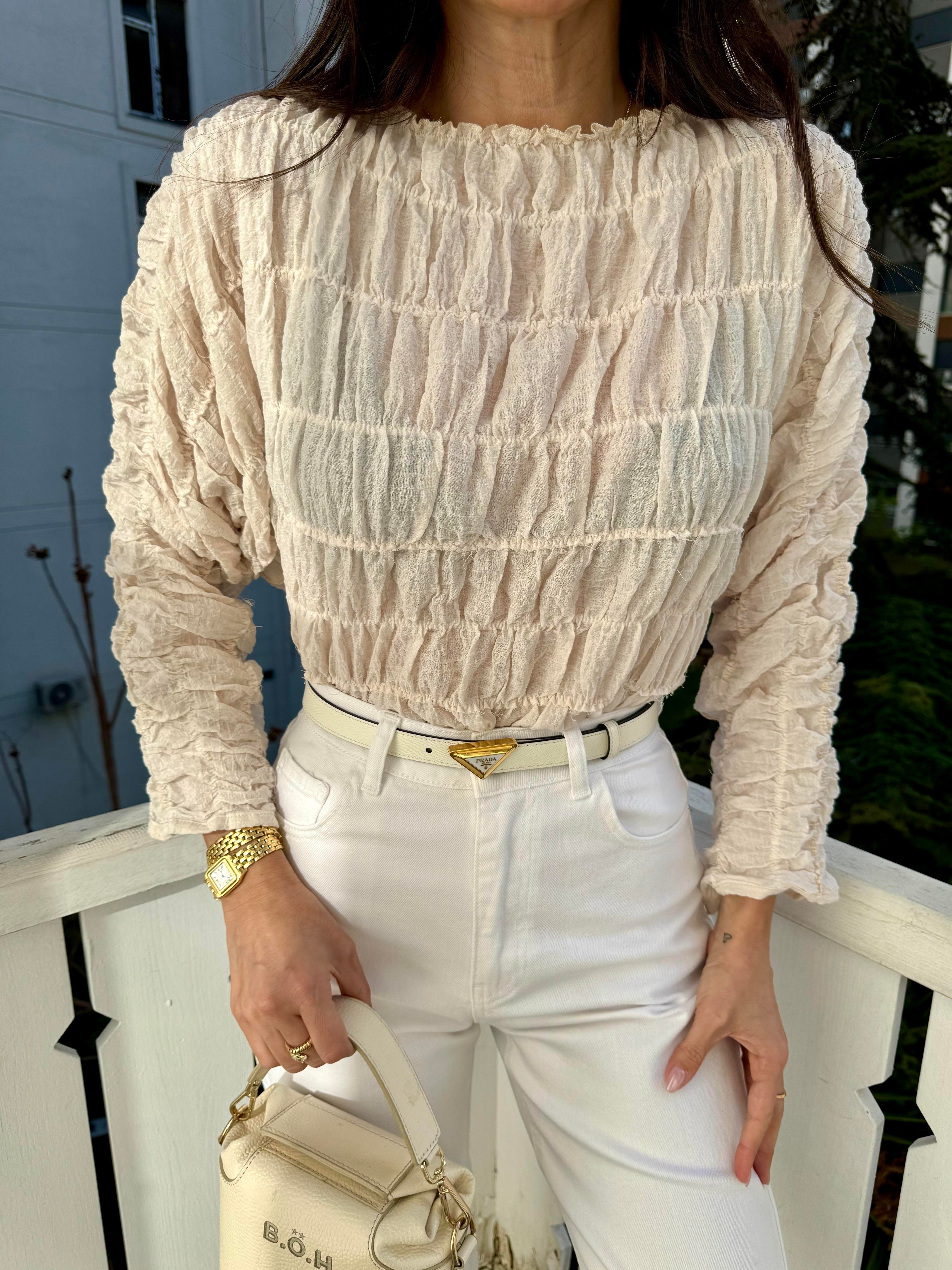 Krem Gofre Dikişli Bluz