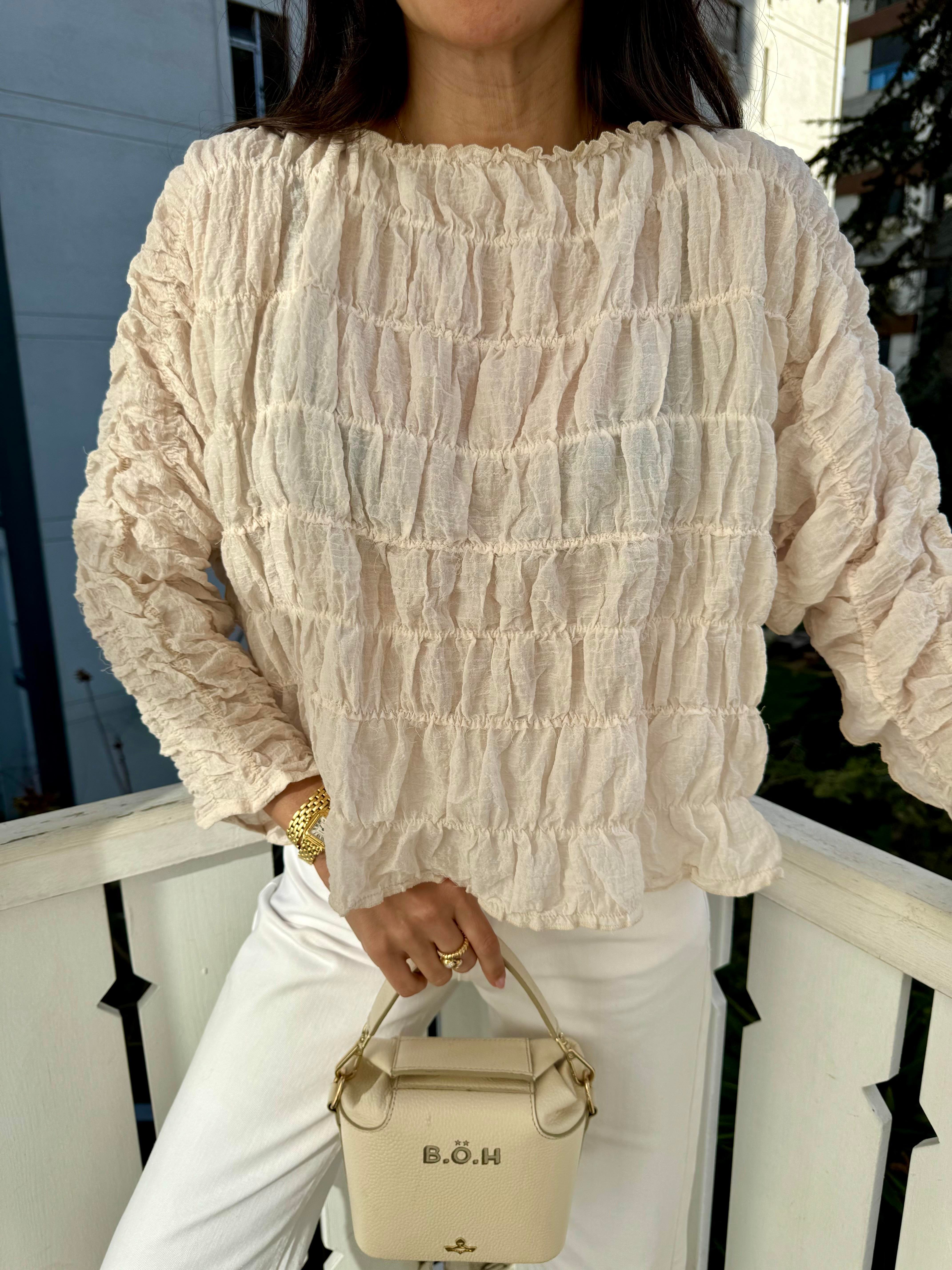 Krem Gofre Dikişli Bluz