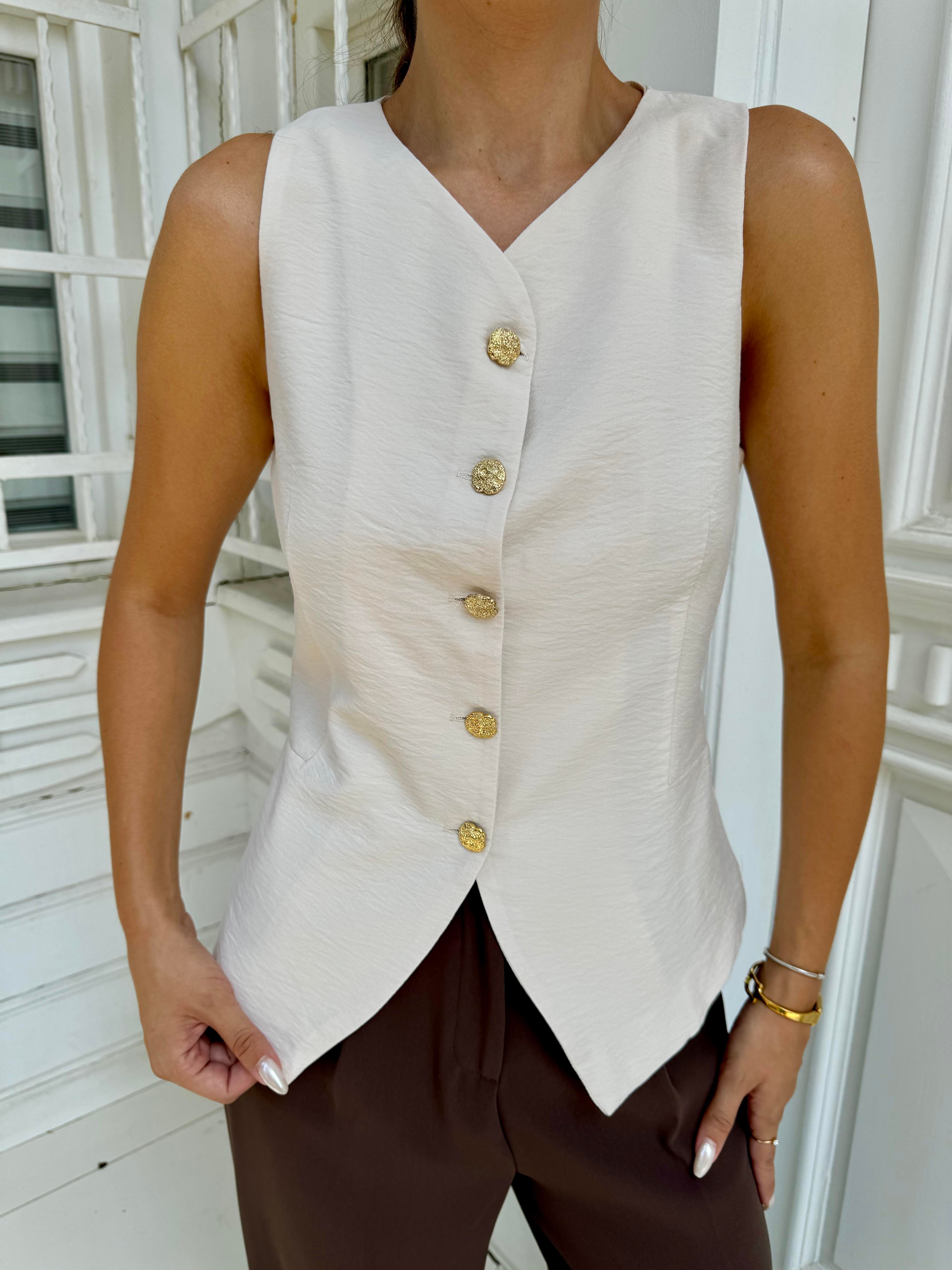 Krem Gold Düğmeli Yelek