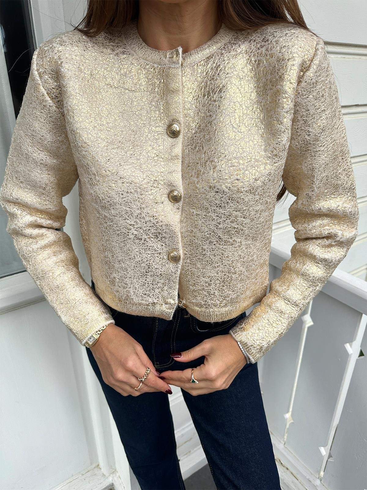 Krem-Gold Varaklı Düz Hırka