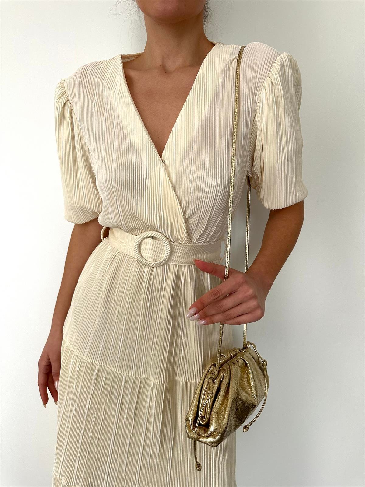 Krem Piliseli Kruvaze Elbise