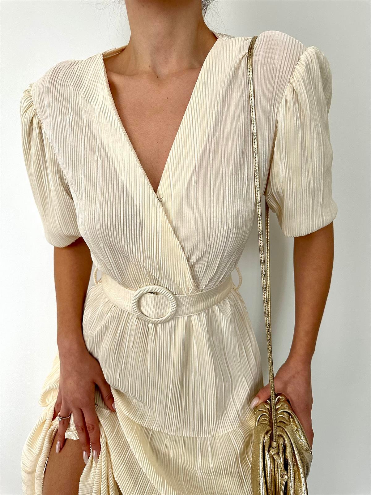 Krem Piliseli Kruvaze Elbise